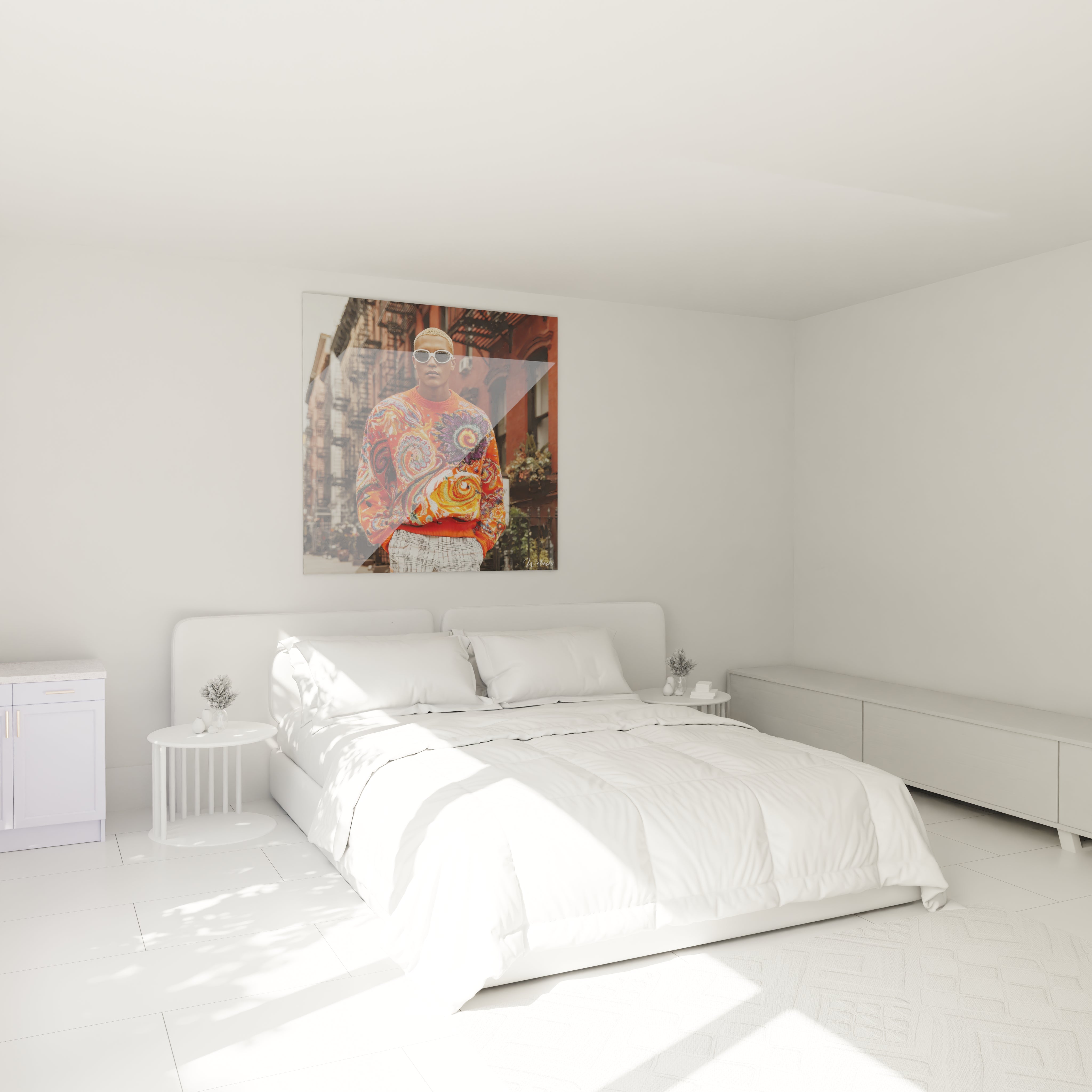 Tableau art urbain psychédélique de Walensky accroché au mur d'une chambre lumineuse avec un lit blanc