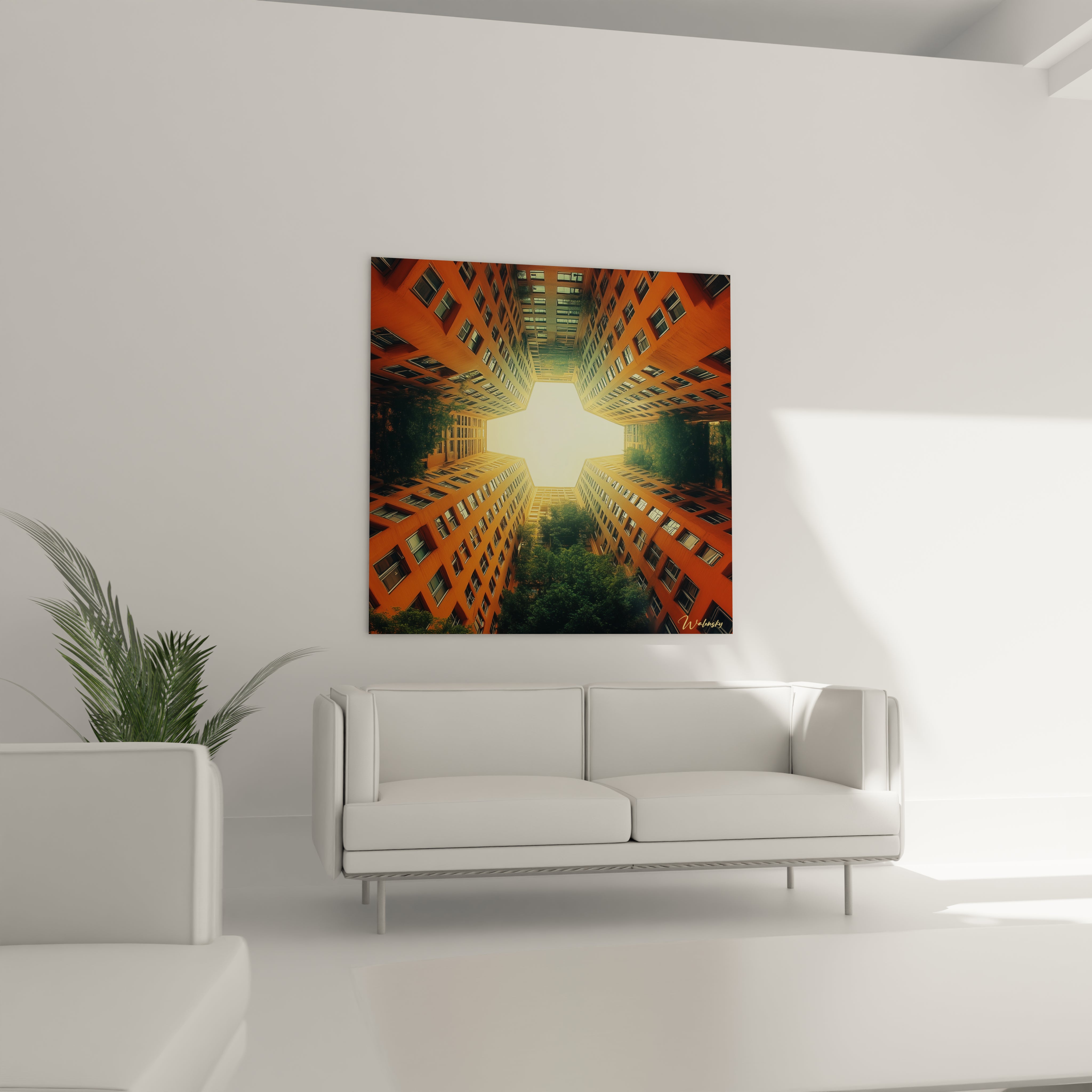 Un tableau architectural montrant des immeubles orange symétriquement disposés en forme de croix, vus du bas vers le haut, créant un effet kaléidoscopique avec un ciel lumineux au centre et des éléments végétaux intégrés dans la structure urbaine.
