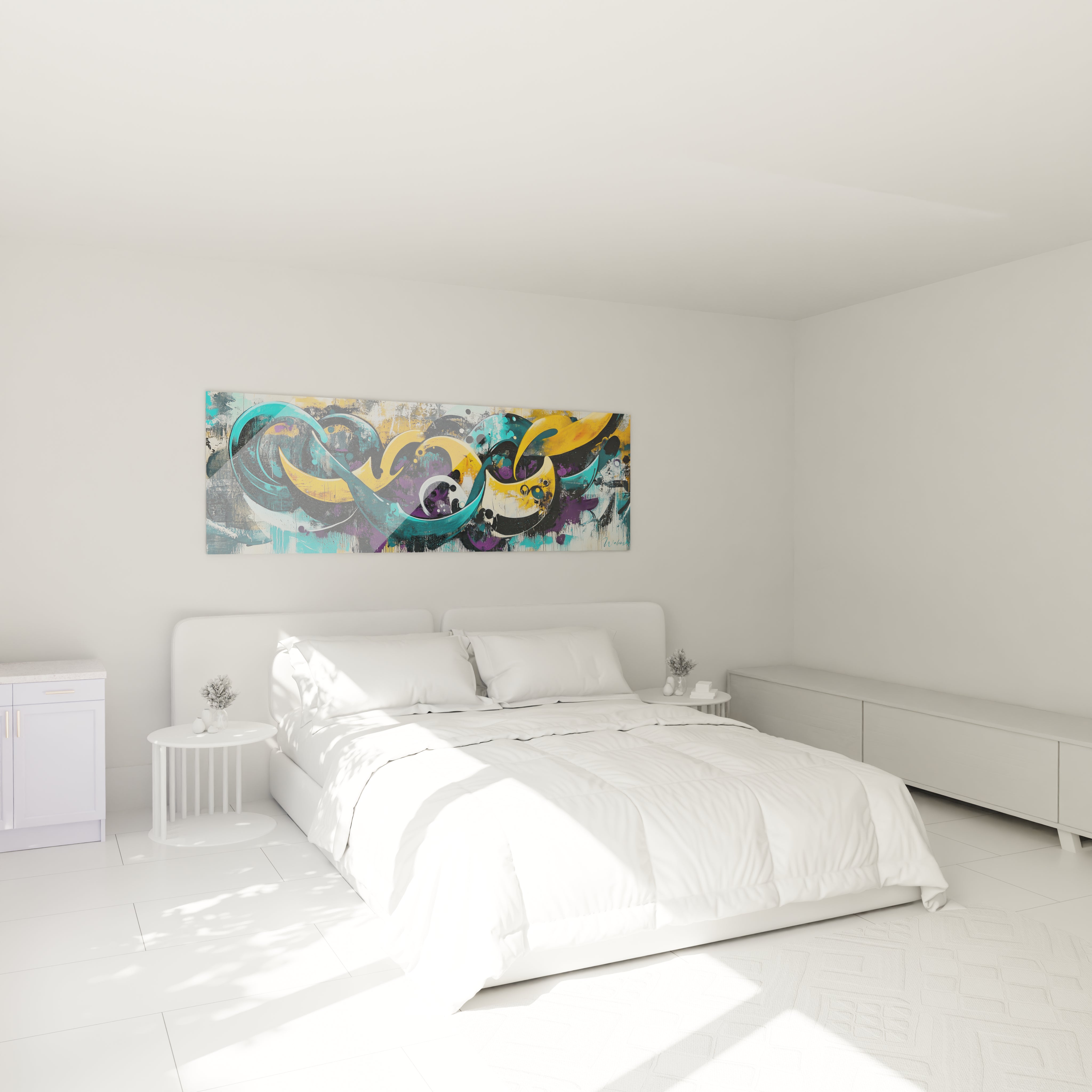 Un tableau graffiti urbain aux courbes abstraites turquoise et jaune doré qui se déploient harmonieusement sur toute la largeur. Les lignes épaisses et fluides s'entrecroisent, formant une composition dynamique rehaussée par des touches de violet profond et des éclaboussures noires créant différentes textures.
