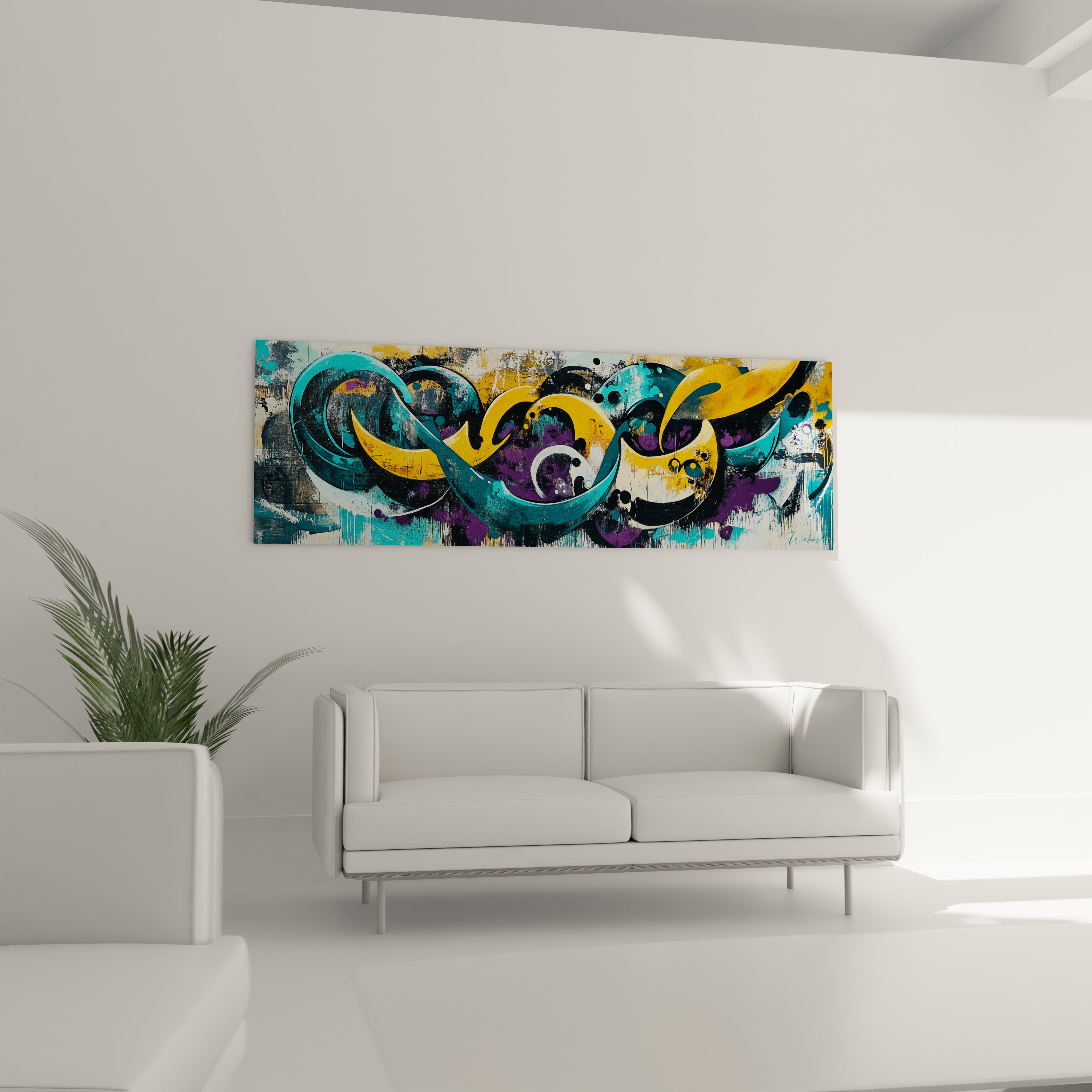Un tableau graffiti contemporain où des vagues turquoise et dorées s'entrelacent dans une danse calligraphique. Les formes ondulent avec élégance sur un fond clair texturé, accompagnées de touches violettes et noires qui ajoutent profondeur et contraste à cette composition horizontale aux mouvements fluides.
