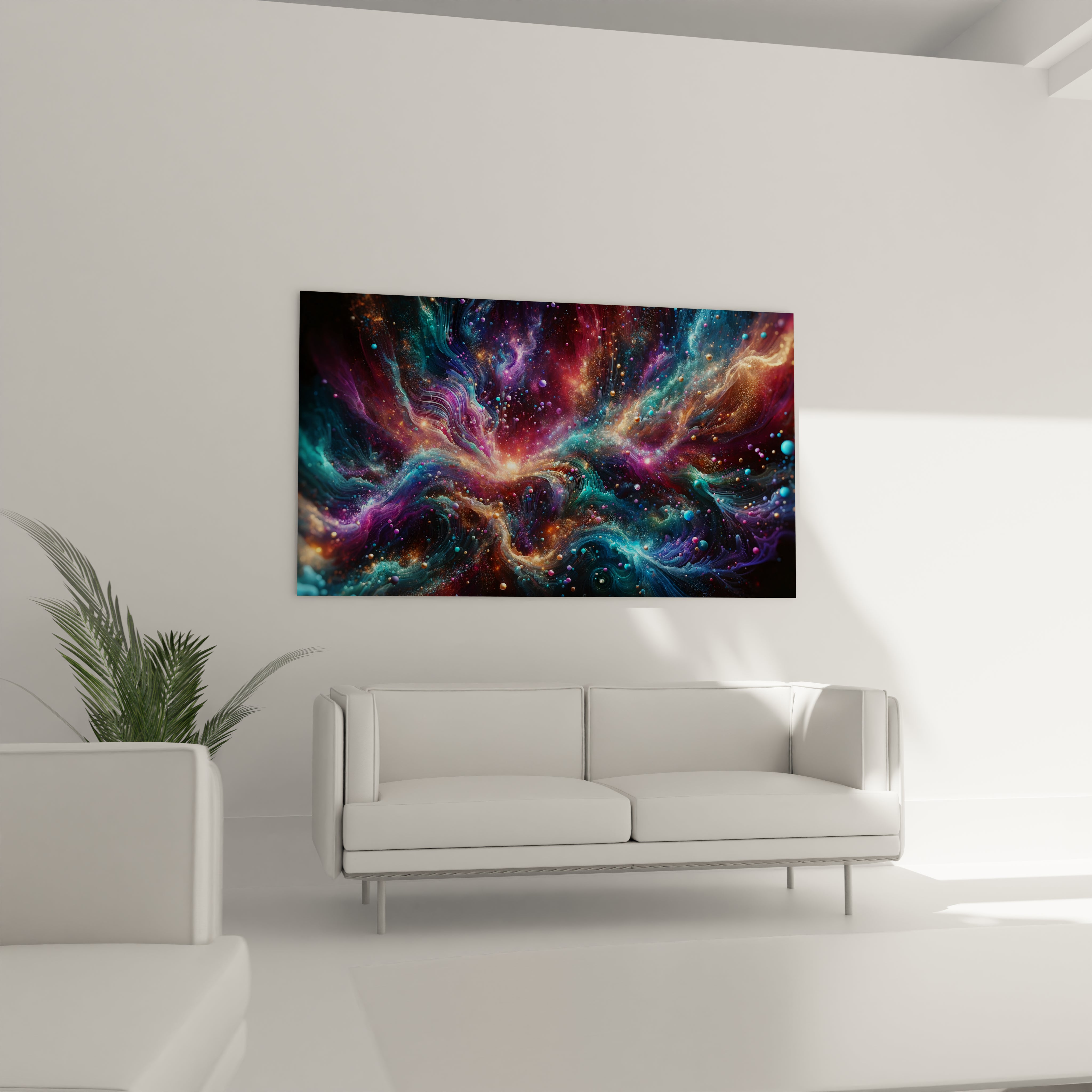 Tableau "Cosmos en Ébullition" en verre acrylique accroché à un mur, montrant son impact visuel saisissant et sa haute qualité.