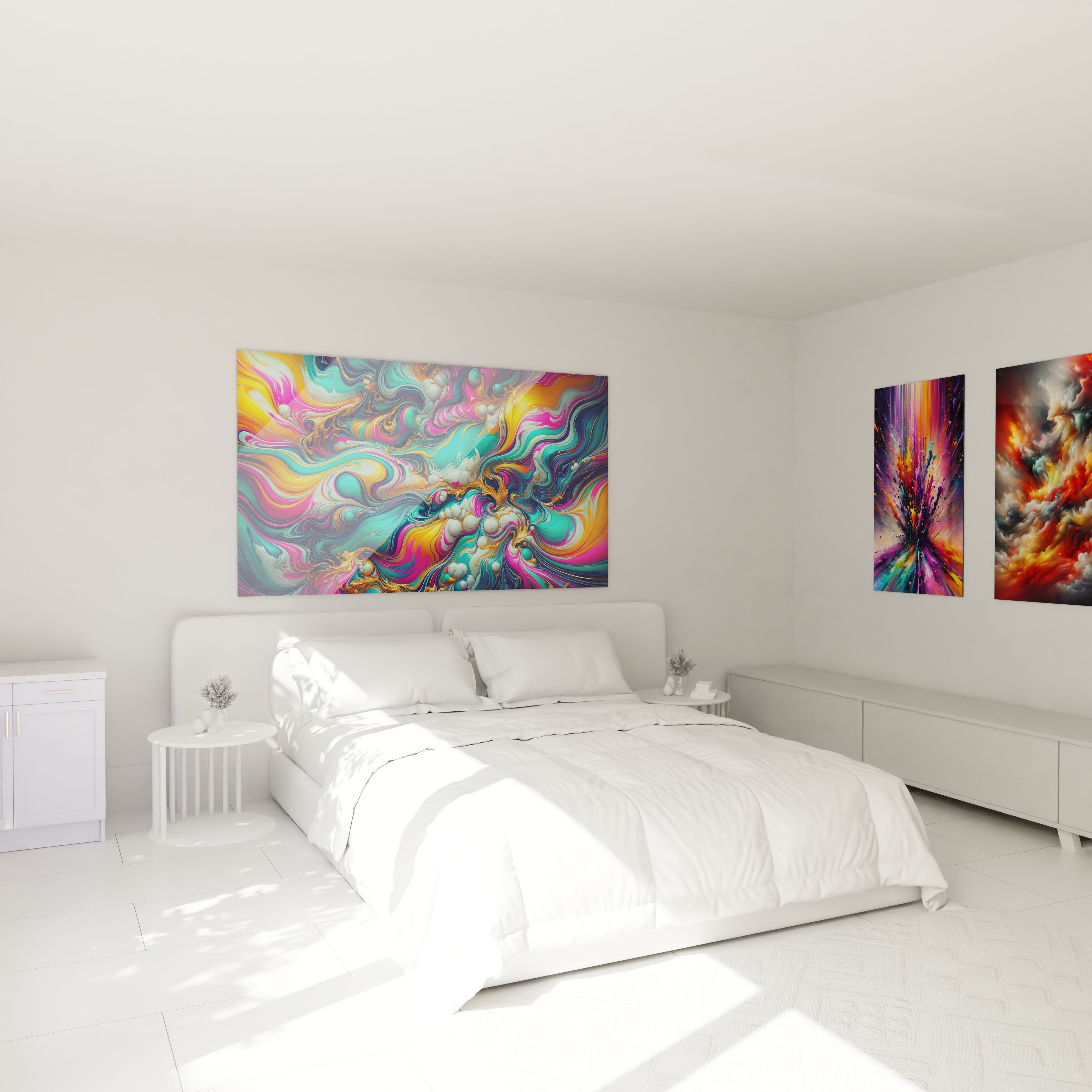 Tableau multicolore contemporain accroché dans une chambre moderne au-dessus du lit. Les couleurs turquoise, jaune et rose apportent fluidité et énergie, créant une atmosphère de rêve et de spontanéité.

