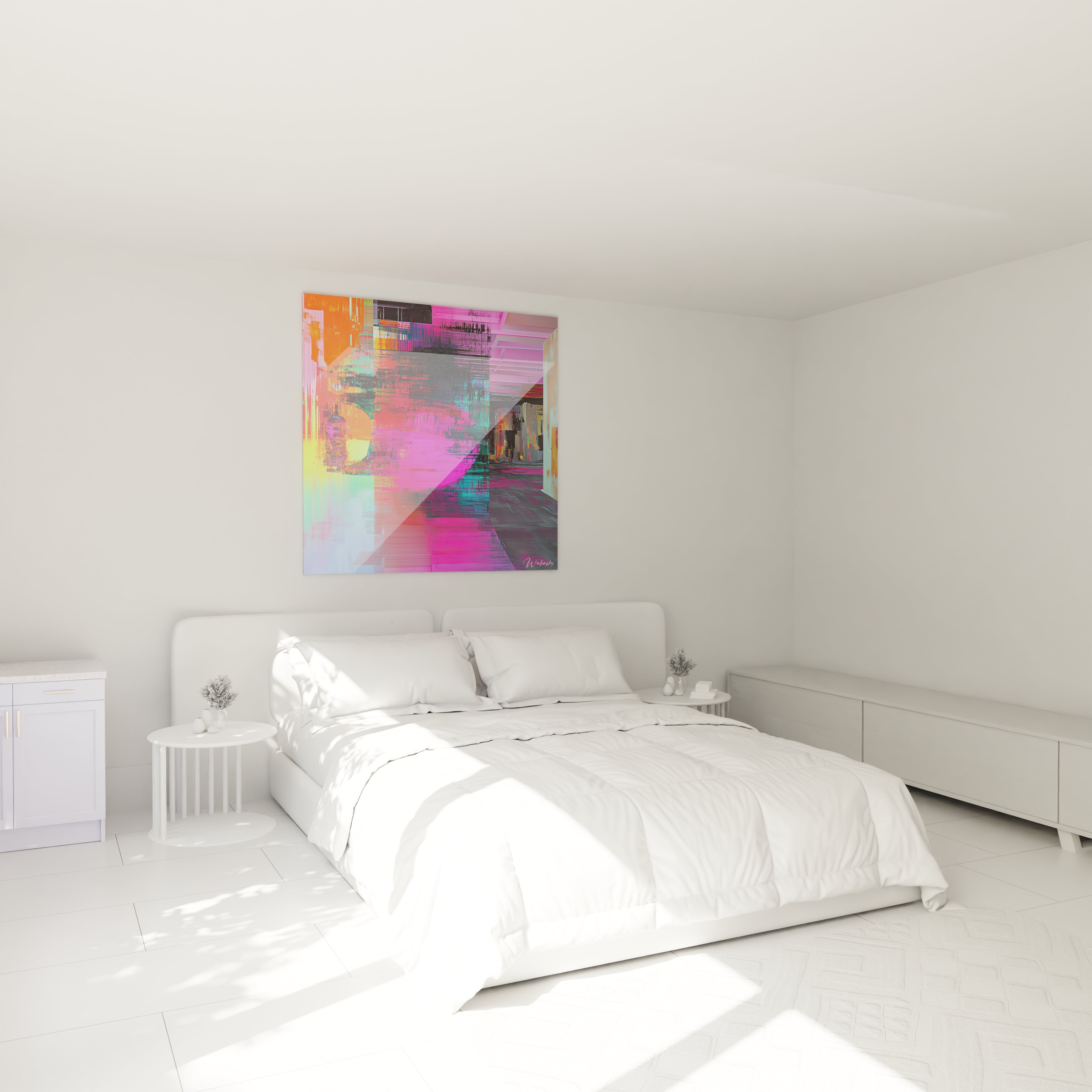 Un tableau abstrait aux teintes néon où des fragments colorés se superposent, créant un effet de profondeur tridimensionnelle avec des lignes horizontales rappelant des balayages d'écran et des textures numériques en transparence.
