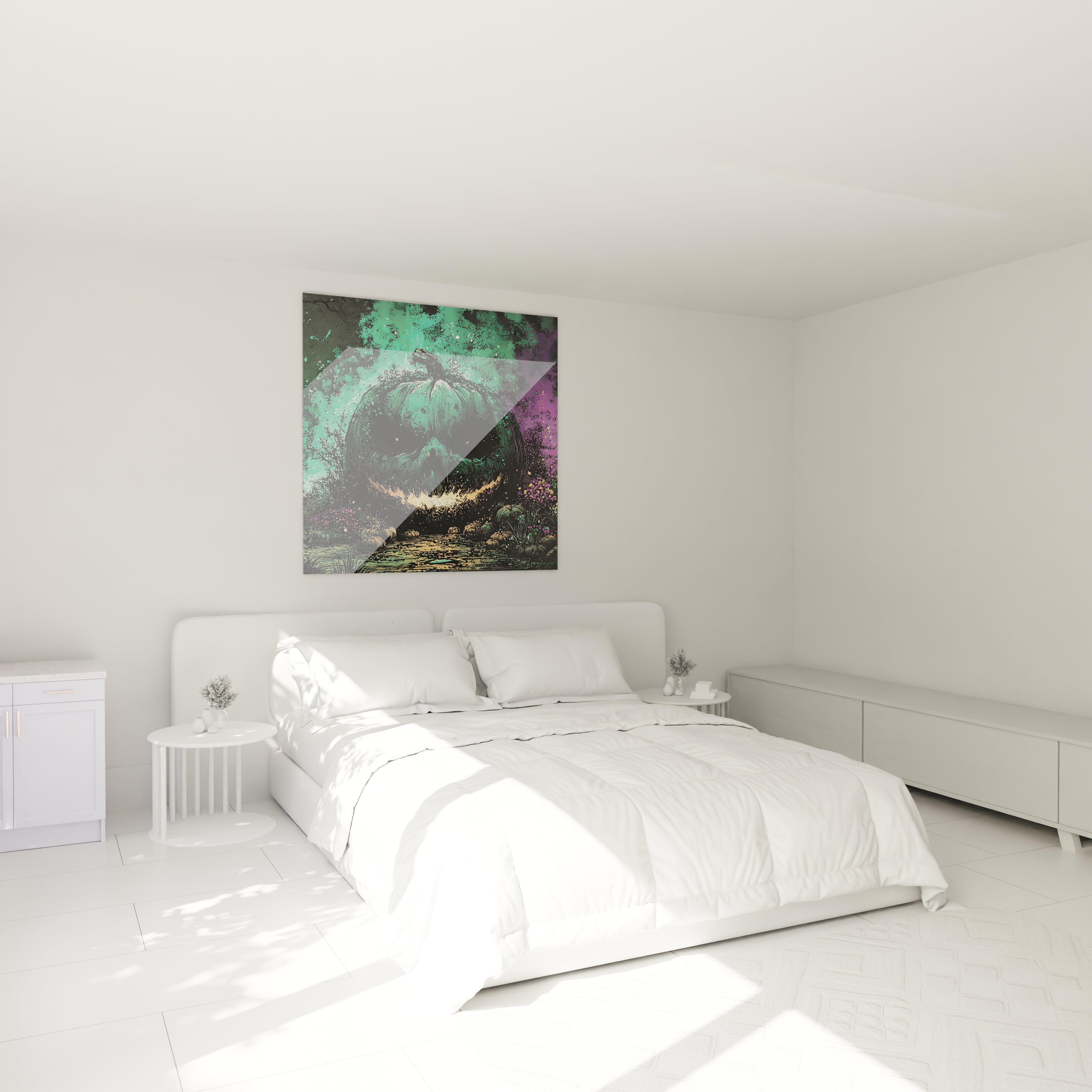 Tableau mural Walensky tableau citrouille halloween stylise vert et violet accroche au dessus d un lit blanc minimaliste