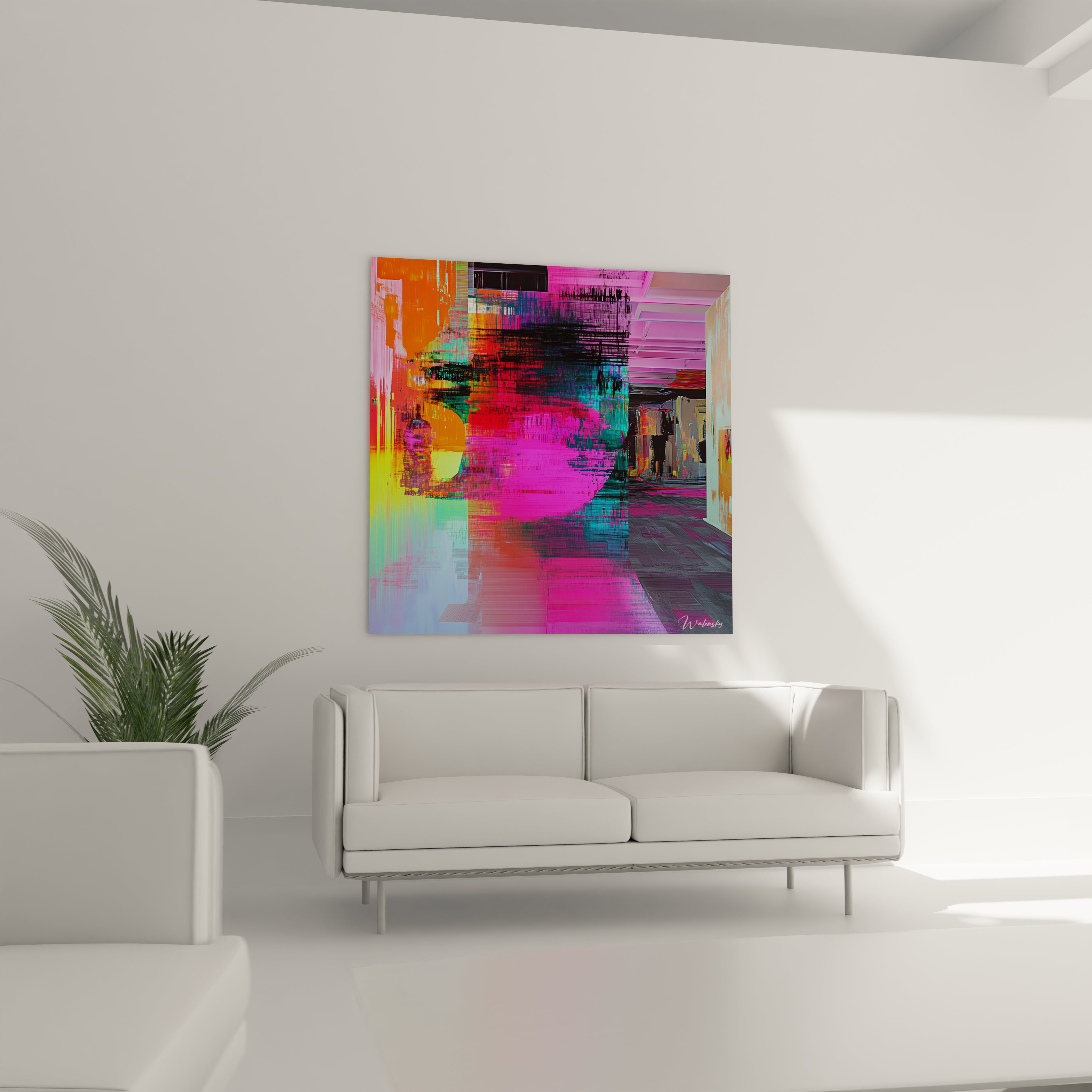 Un tableau street art vibrant dominé par des roses électriques et des turquoises éclatants qui s'entremêlent en strates semi-transparentes, évoquant une réalité augmentée où les frontières entre physique et virtuel se brouillent.
