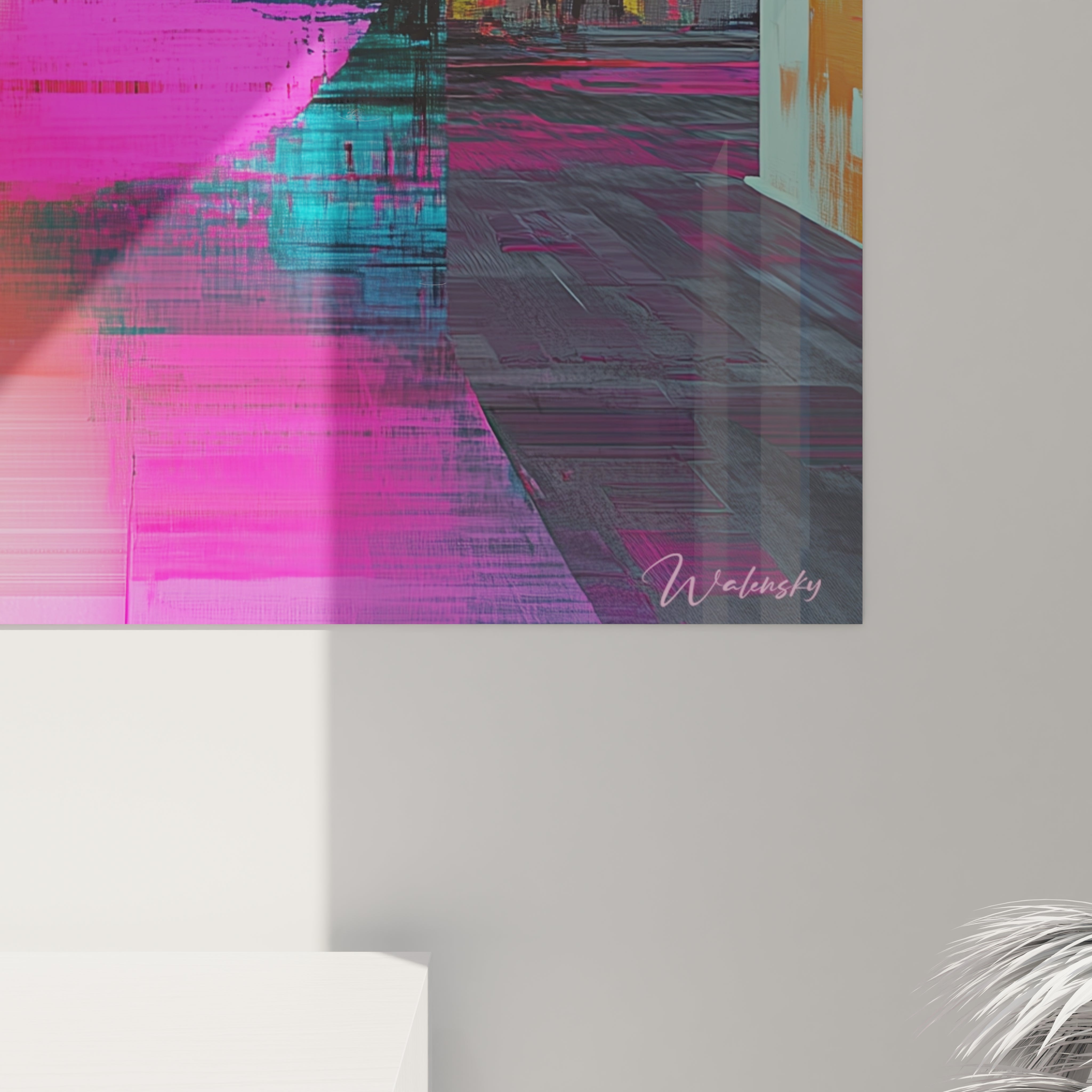 Un tableau glitch art aux couleurs intenses où des aplats de rose fluorescent, orange vif et bleu électrique se fragmentent et se superposent, créant un effet de mouvement dynamique sur fond de distorsions numériques texturées.
