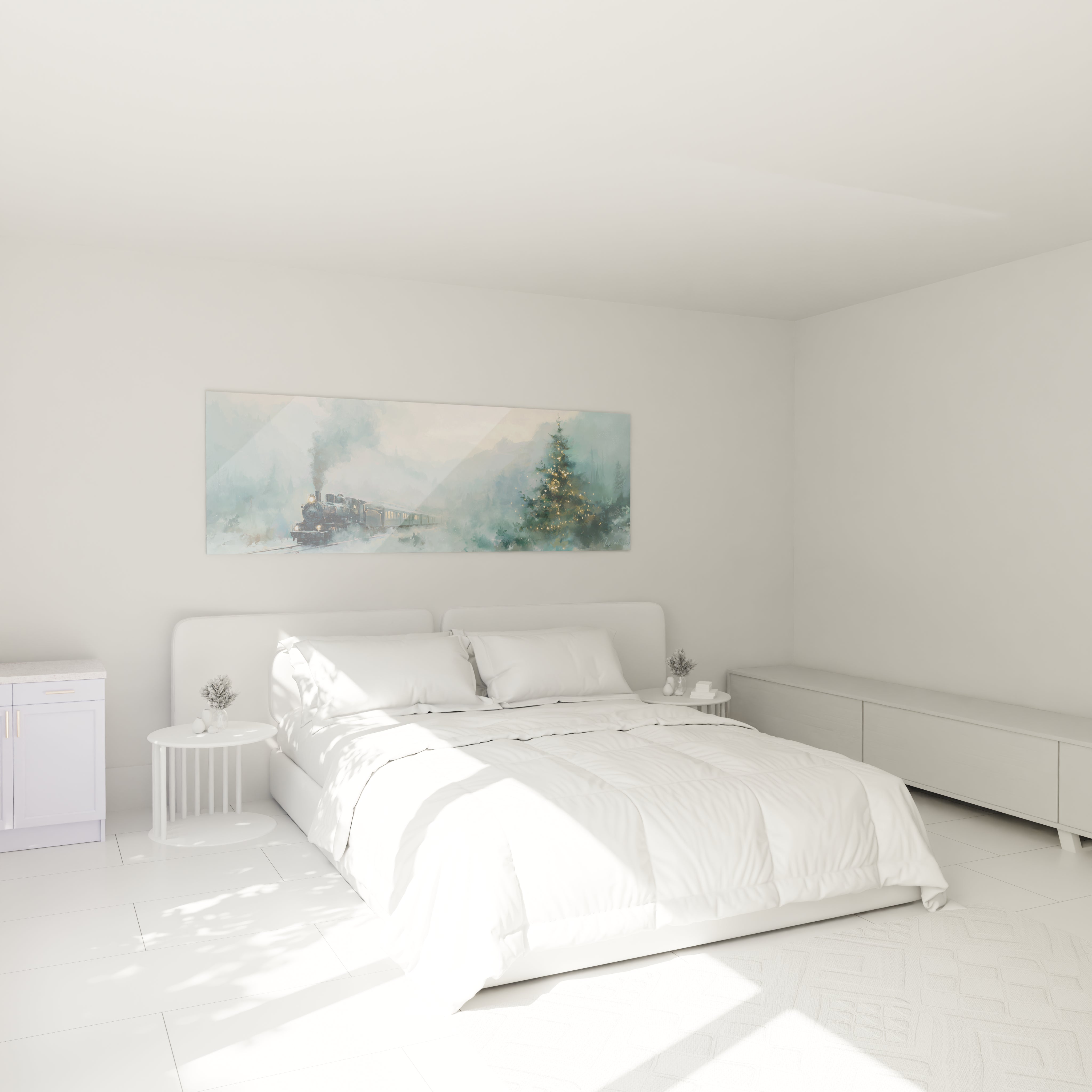 Tableau mural train édition Noël avec une scène hivernale paisible dans une chambre lumineuse