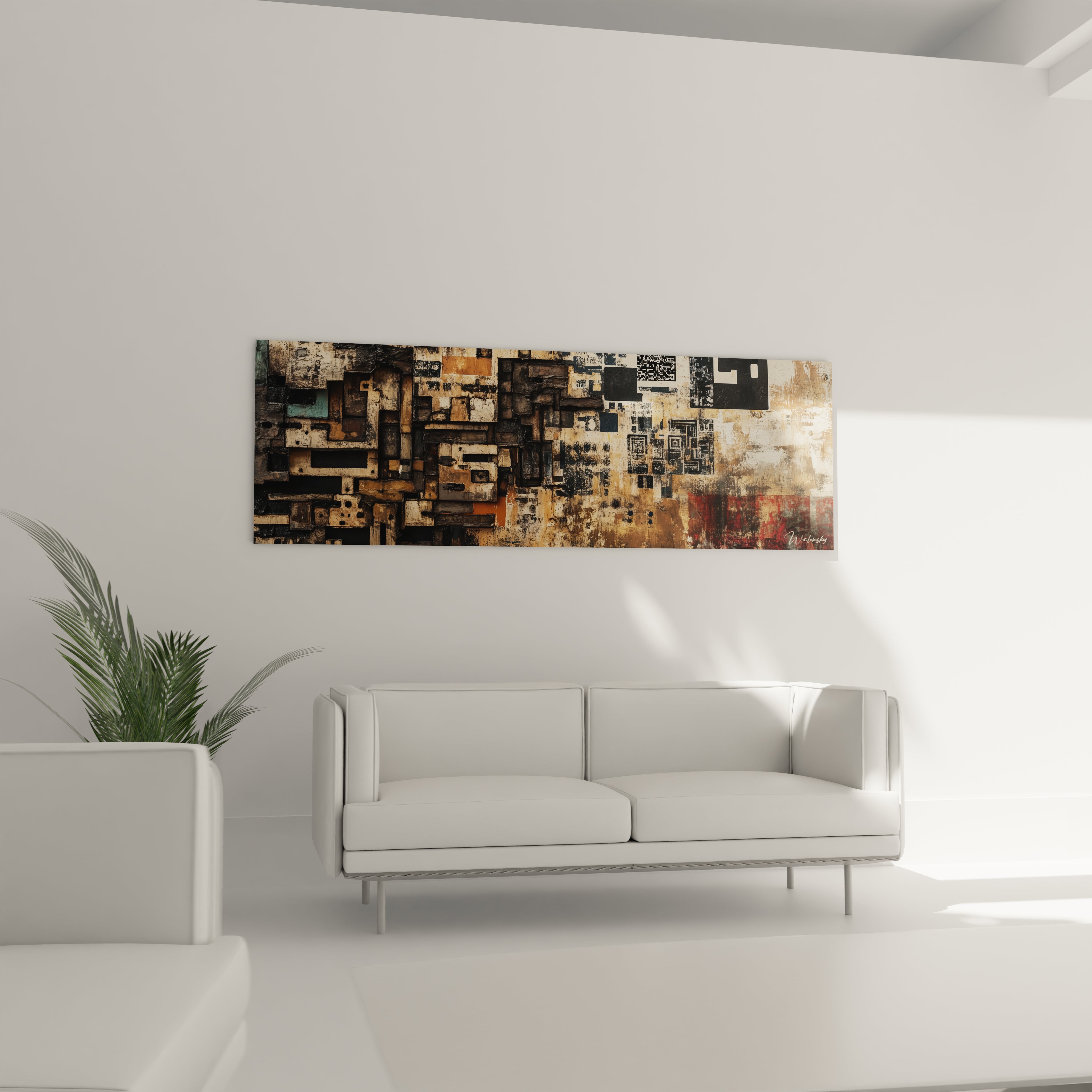 Un tableau géométrique urbain allongé horizontalement, combinant des formes rectangulaires dans des nuances de brun, beige et noir, avec des textures rugueuses et lisses alternées qui évoquent des matériaux de construction usés.
