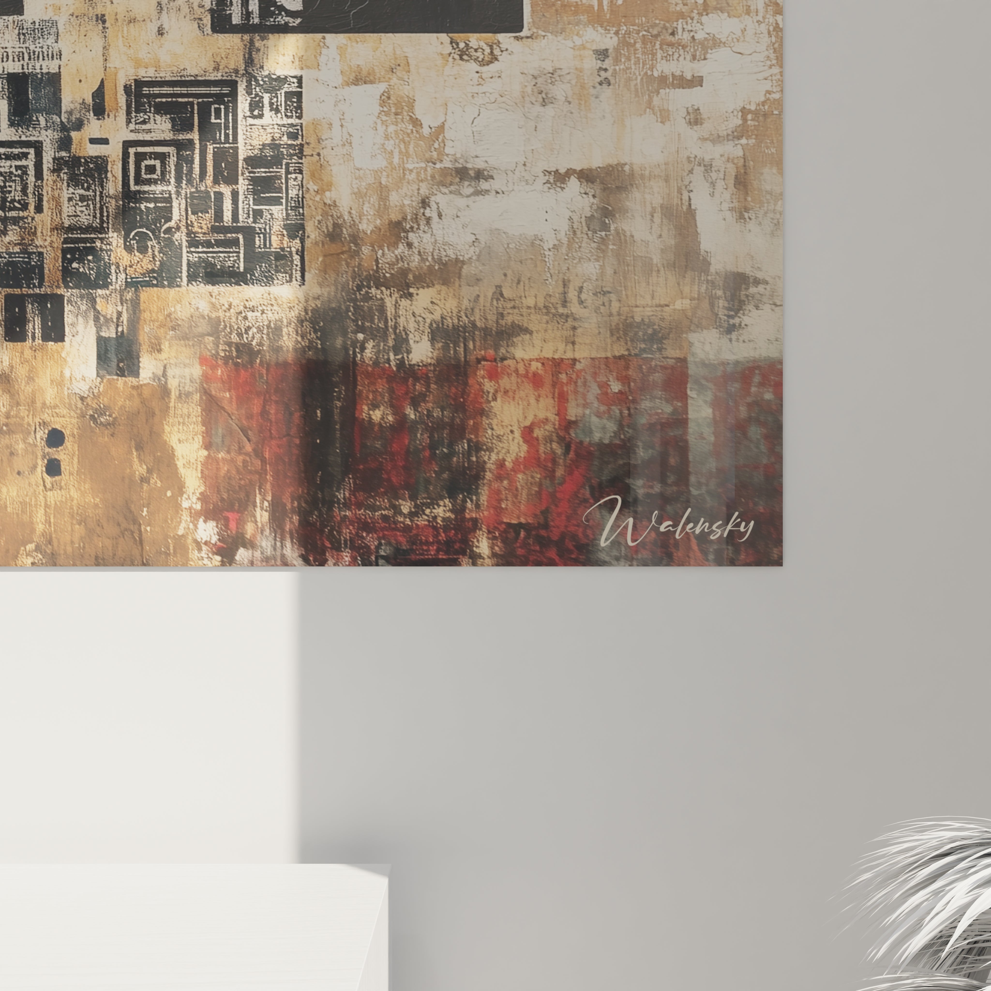Un tableau abstrait architectural formé de multiples surfaces rectangulaires interconnectées, dans une palette de couleurs terreuses et sombres, avec des effets de texture variés qui suggèrent l'érosion et la transformation des structures urbaines.
