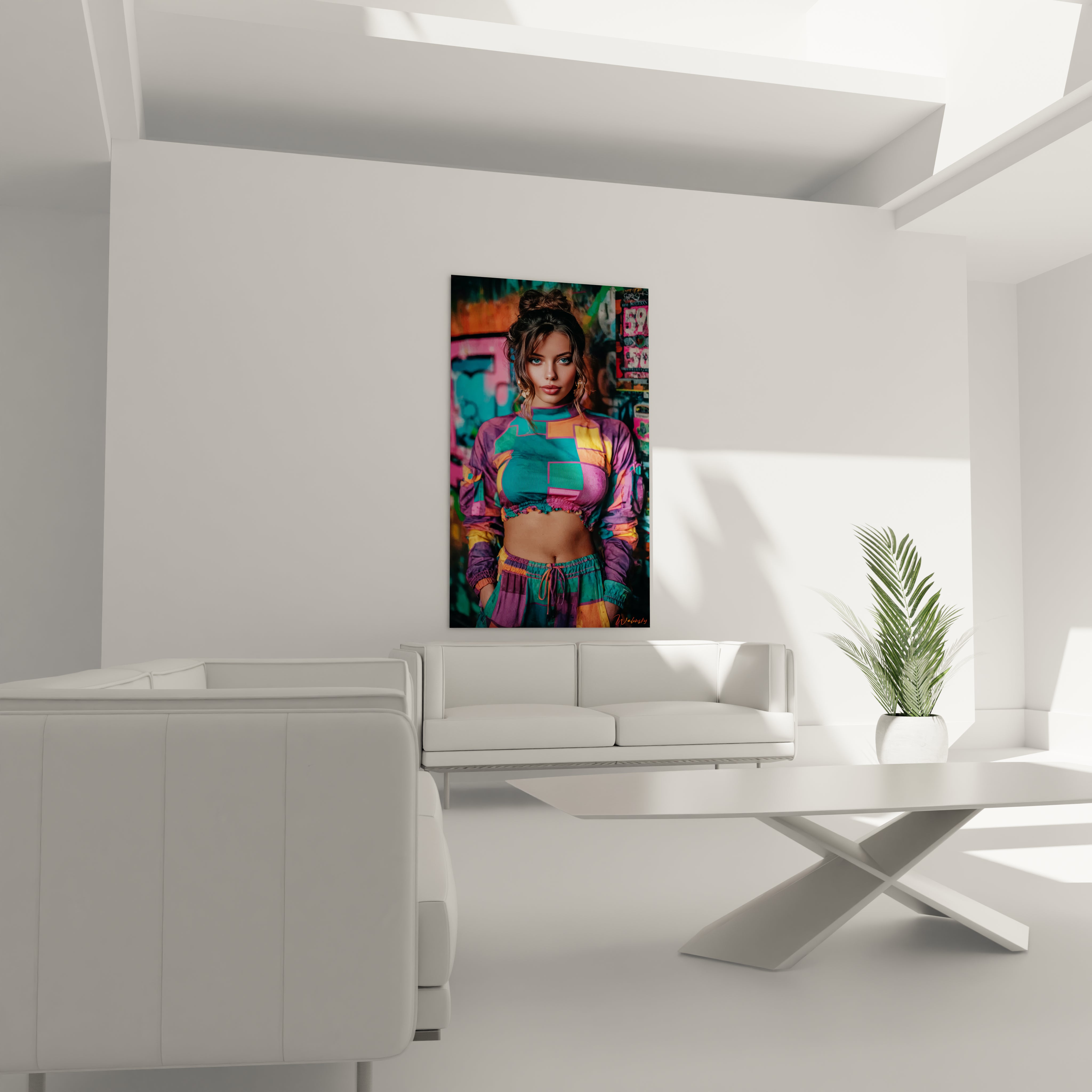 Tableau art de rue de Walensky avec une femme colorée dans un décor urbain moderne