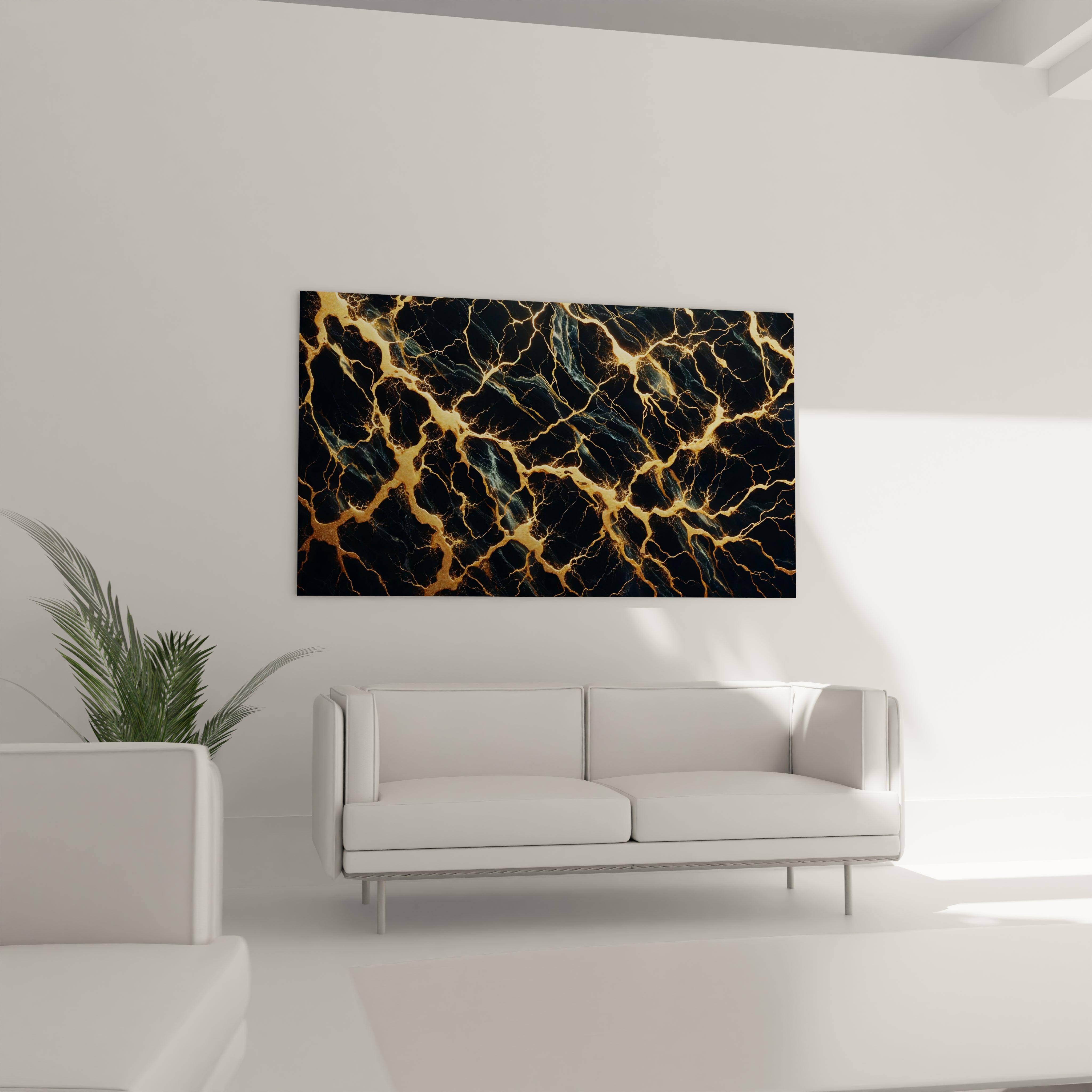 Tableau "Circuits Précieux" en verre acrylique accroché à un mur, démontrant son effet visuel luxueux et sa haute qualité.