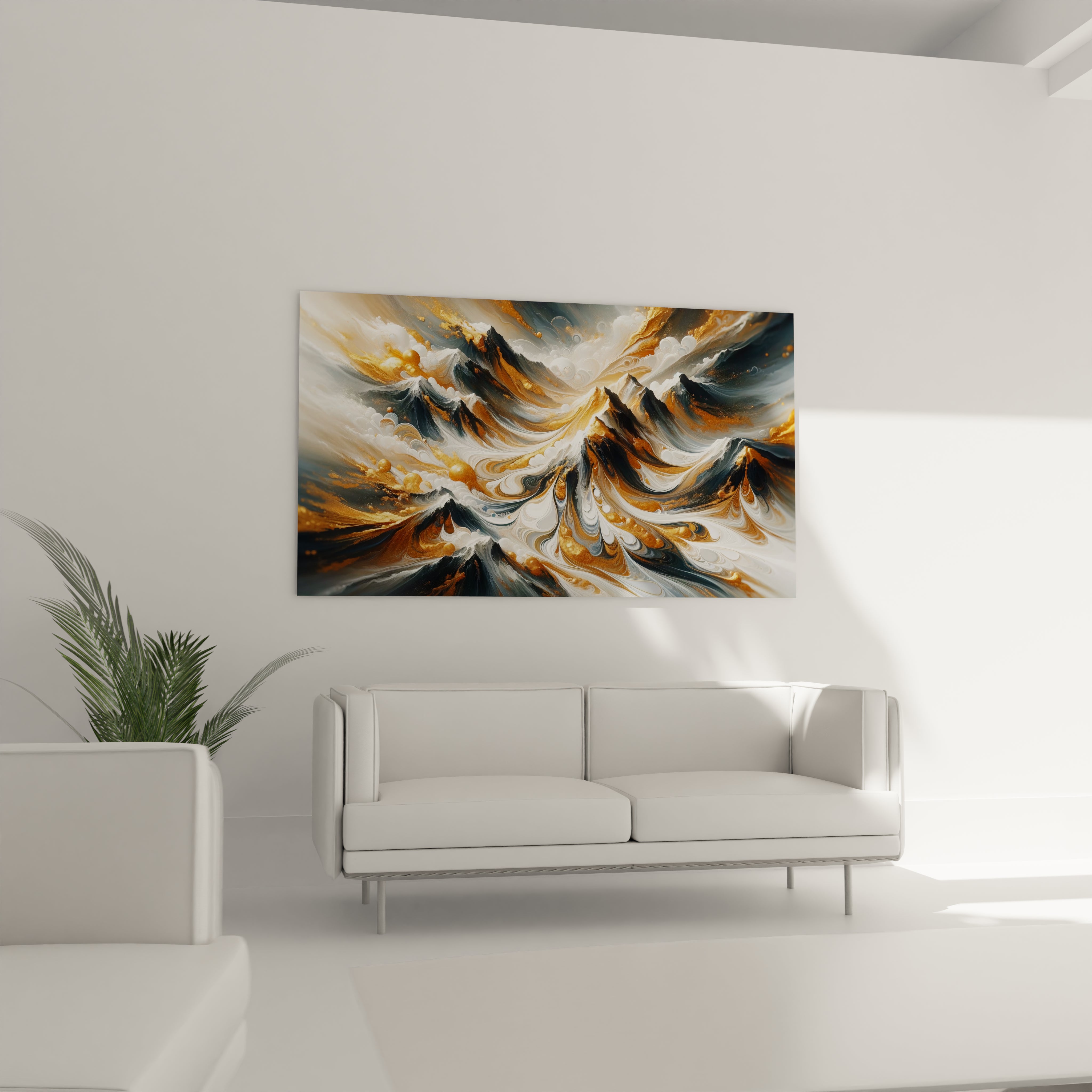 Tableau décoratif en acrylique avec des crêtes dorées dynamiques, idéal pour une décoration contemporaine.