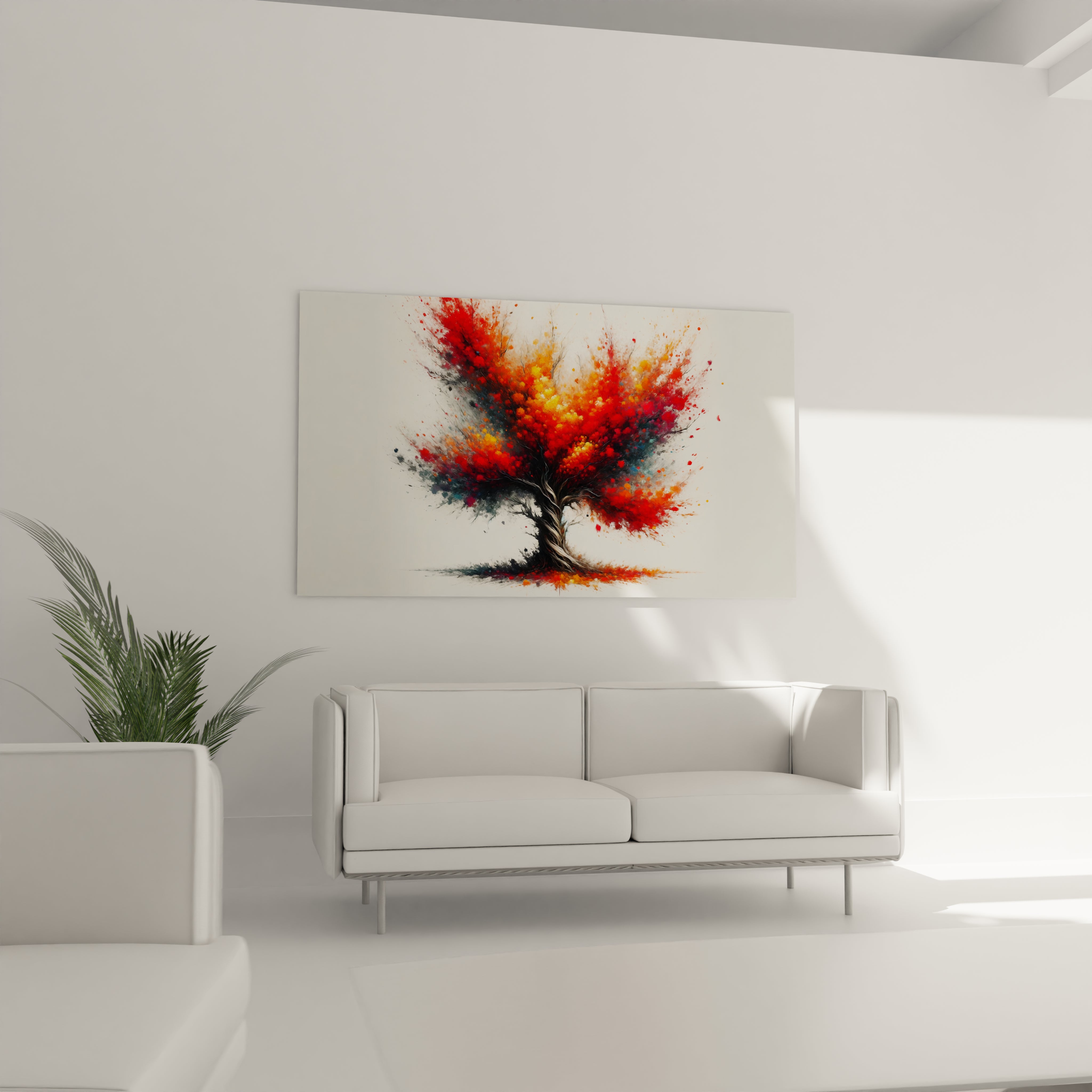 Cadre décoratif montrant un arbre avec des feuilles d'automne, idéal pour une décoration chaleureuse et élégante. Verre acrylique épaisseur 3mm.