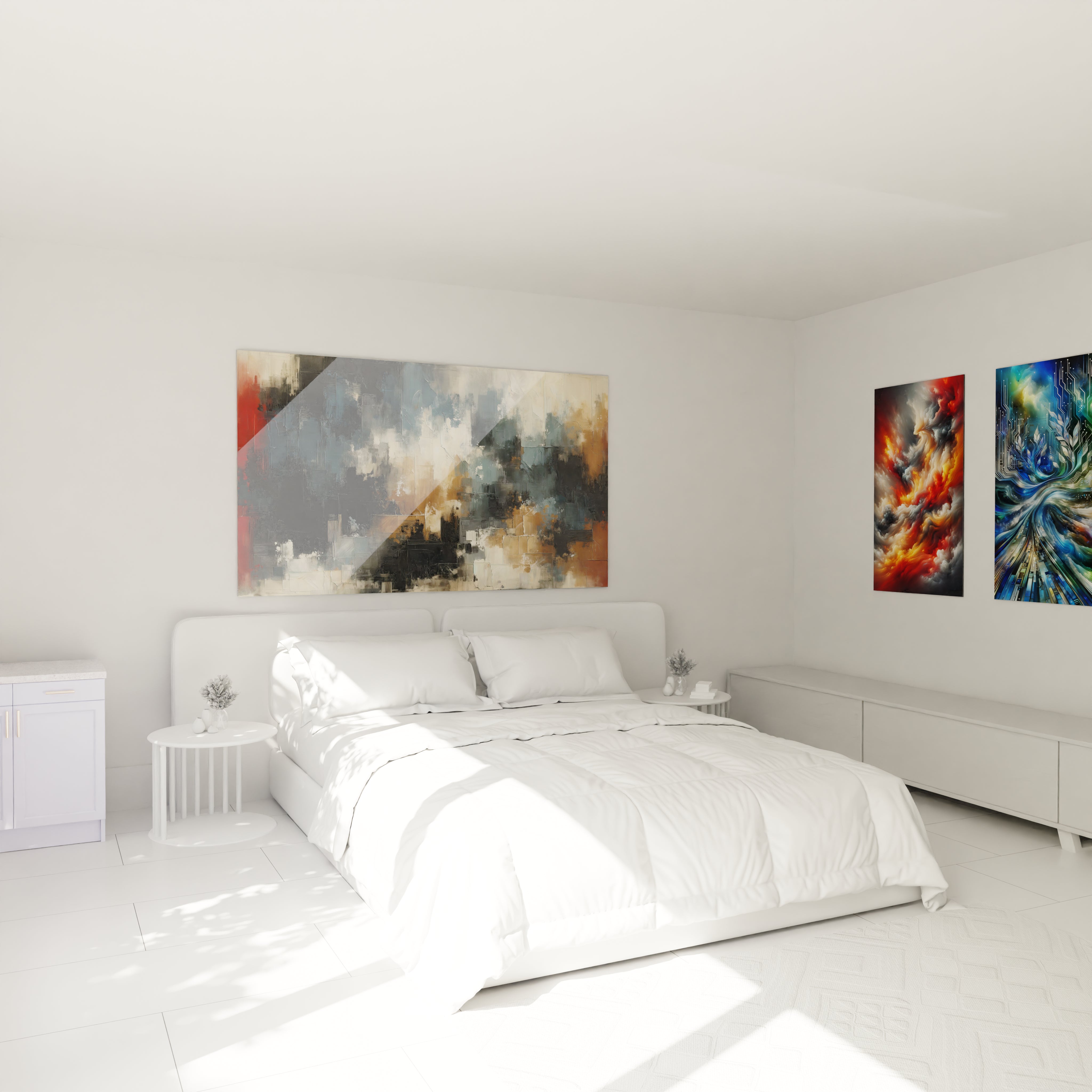 tableau expressionniste abstrait accroche au mur dans une chambre au dessus du lit, apportant une ambiance dramatique et intriguee. Les teintes bleues et marron ajoutent une profondeur emotionnelle ideale pour une chambre contemporaine.

