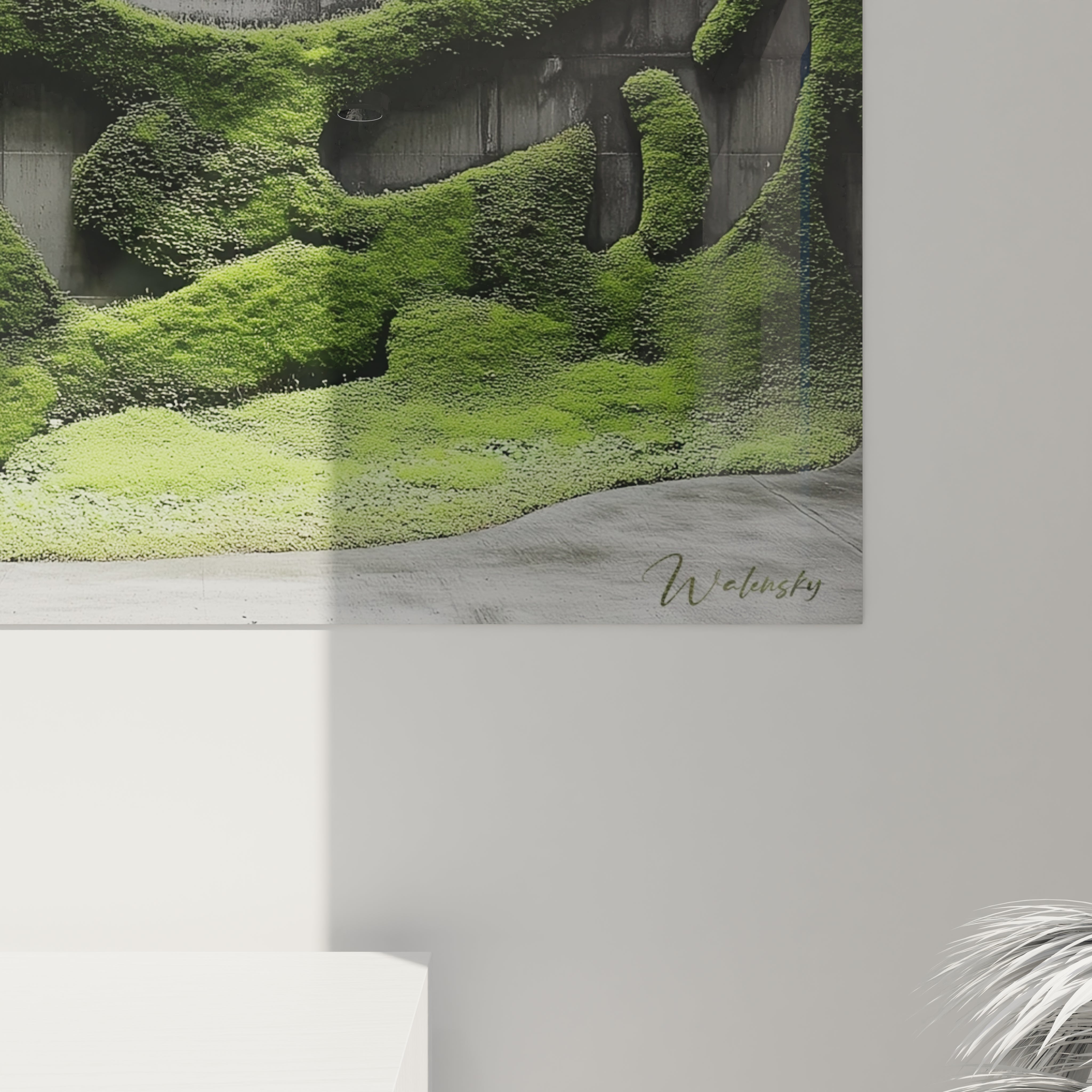 Un tableau écologique affichant un cercle parfait de mousse verte texturée sur fond de béton gris, où les différentes hauteurs de relief créent des jeux d'ombres naturels, évoquant la résilience de la nature dans l'environnement urbain.
