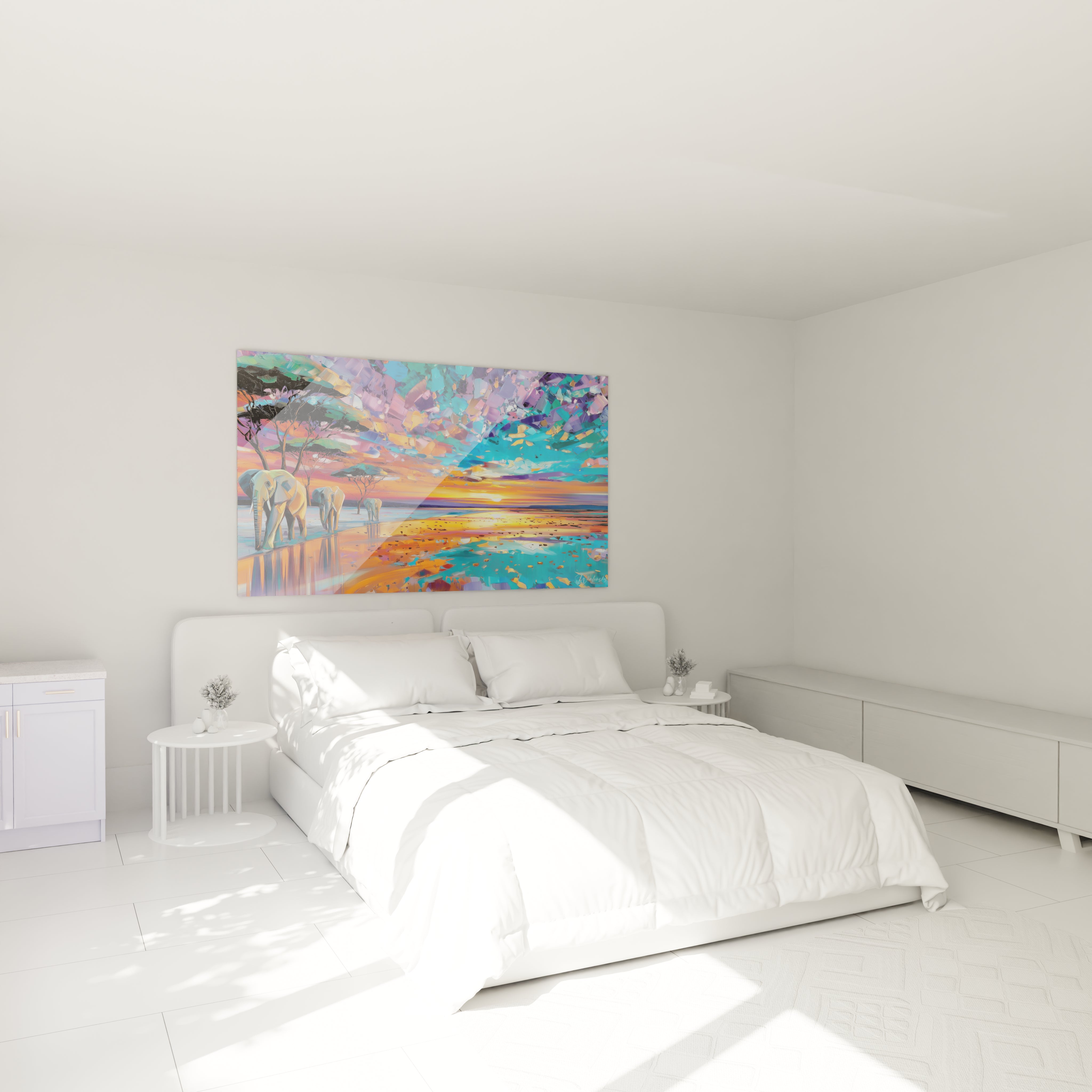 Tableau éléphants paysage africain coloré décorant un mur dans une chambre moderne et lumineuse