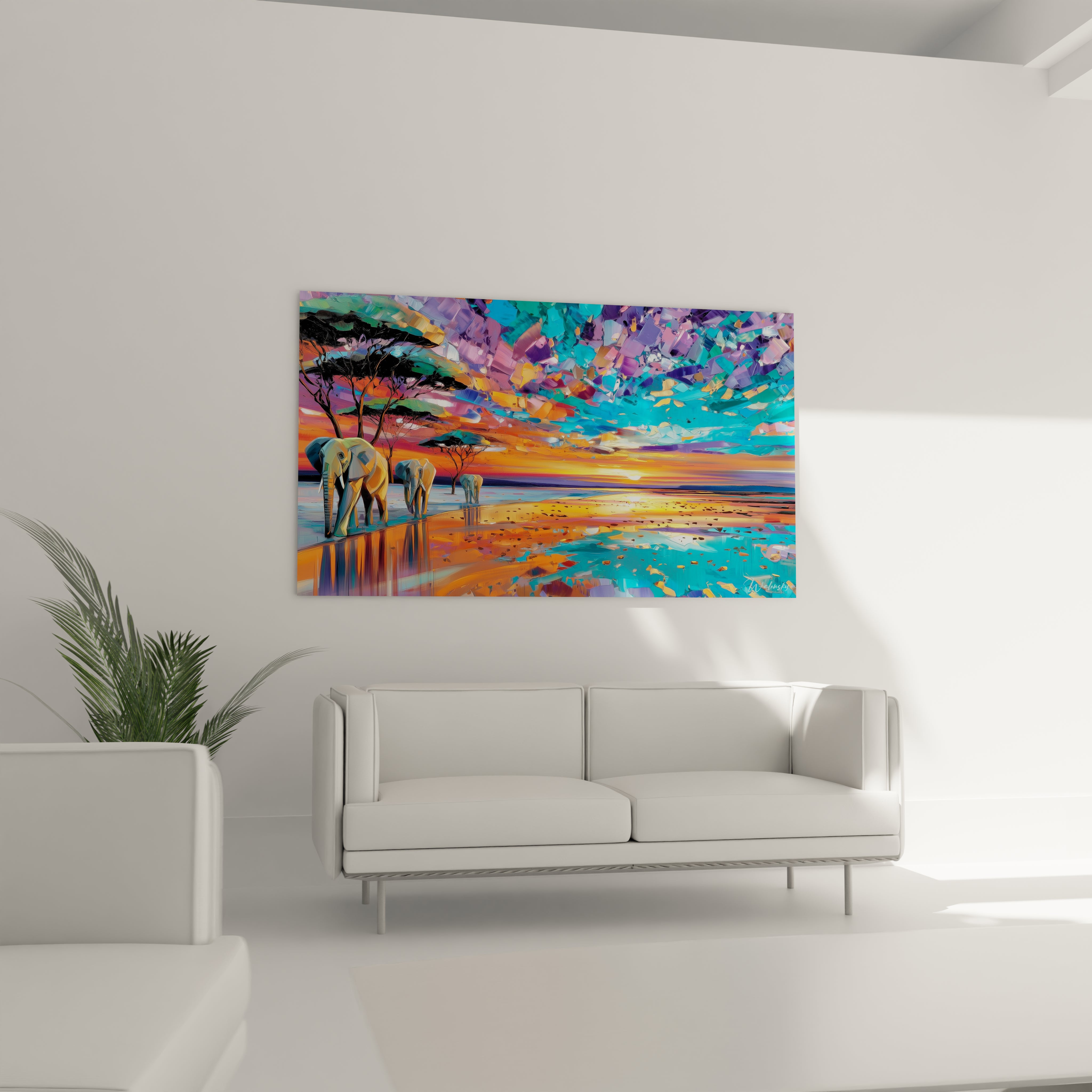 Tableau éléphants paysage africain avec couleurs vives et ambiance sereine dans un salon moderne