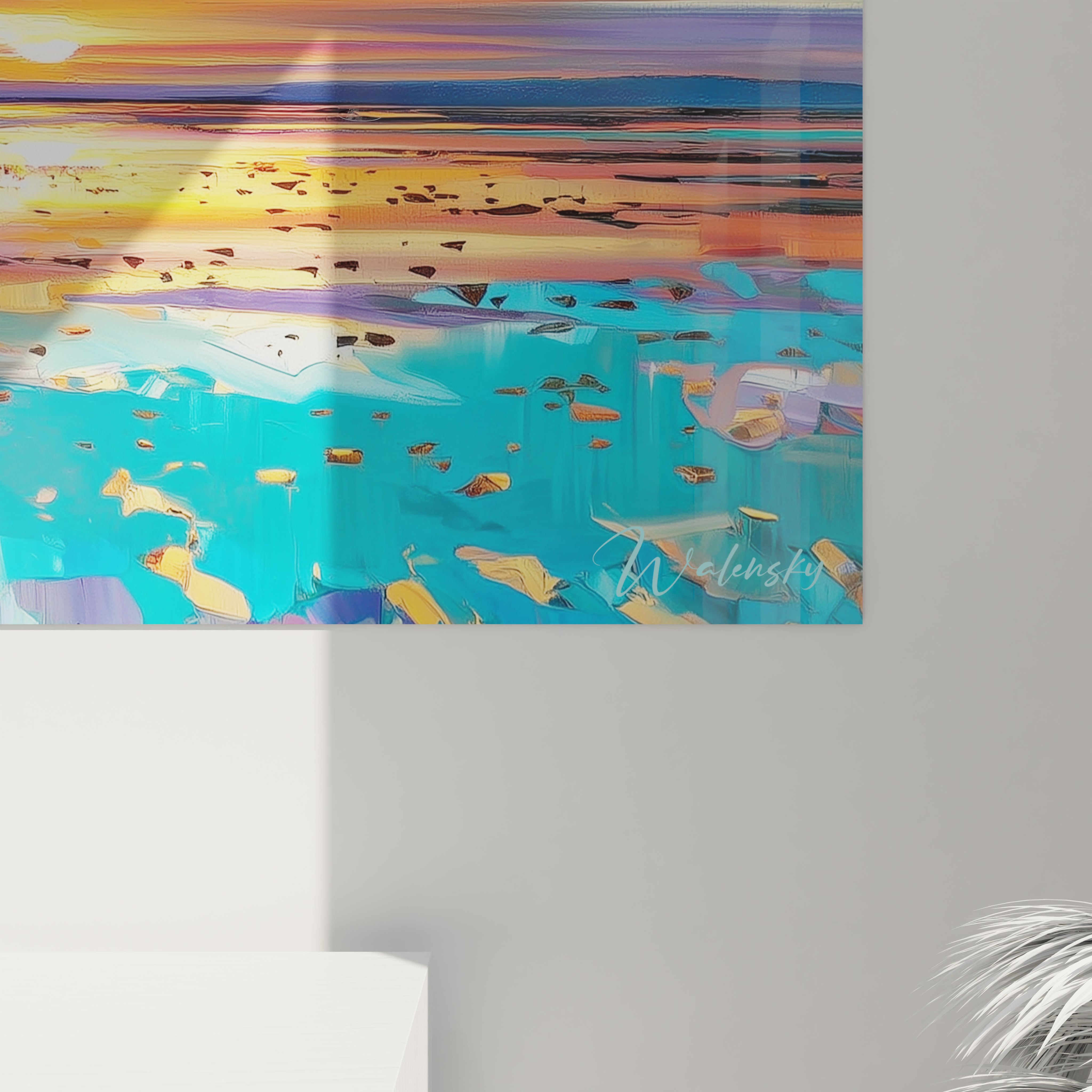 Tableau mural Walensky représentant un paysage africain avec des éléphants dans un beau coucher de soleil.