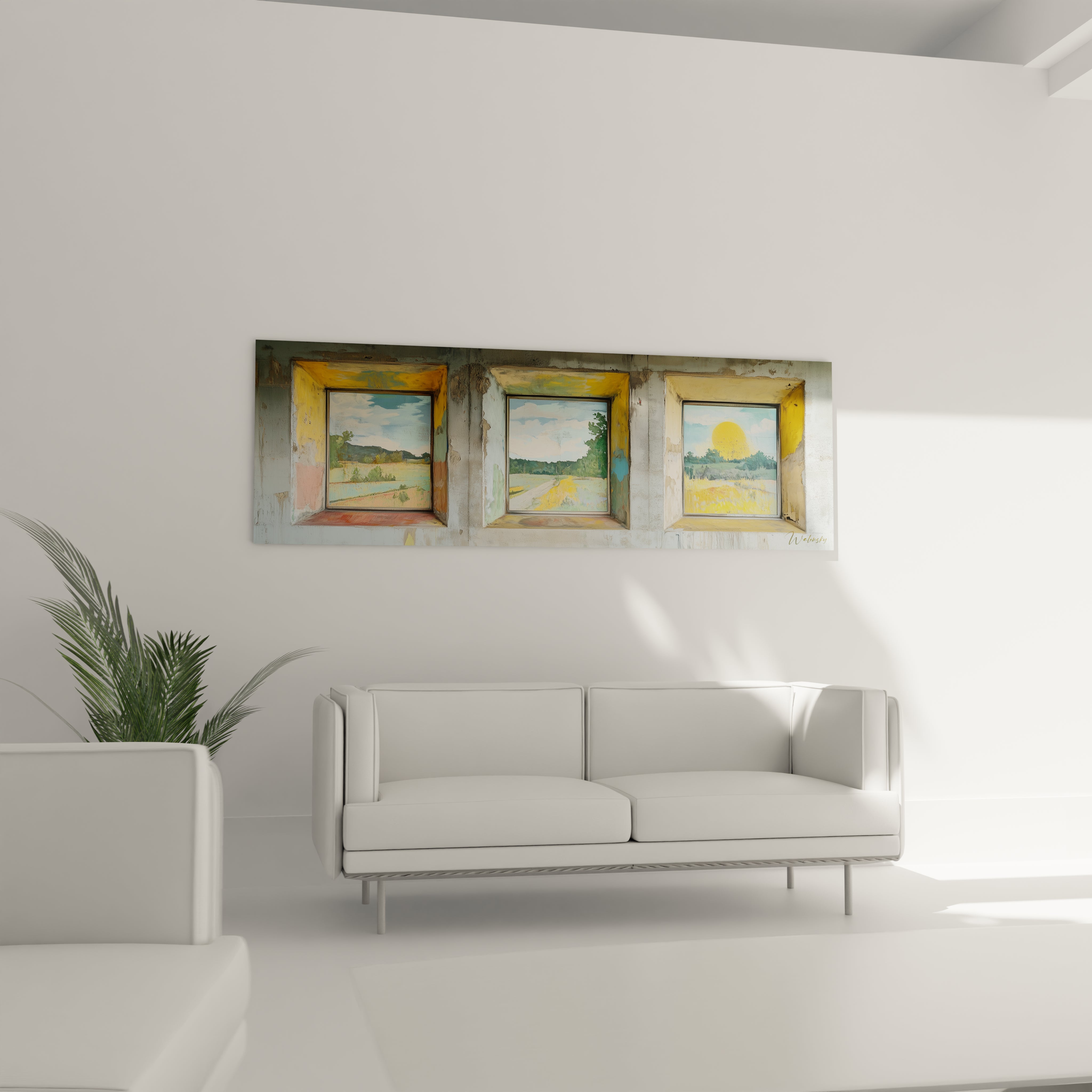 Tableau triptyque aux cadres patinés jaune et gris montrant l'évolution d'un paysage rural à différentes heures, avec des champs, des arbres et un soleil couchant doré dans le panneau droit, créant une narrative visuelle chronologique.
