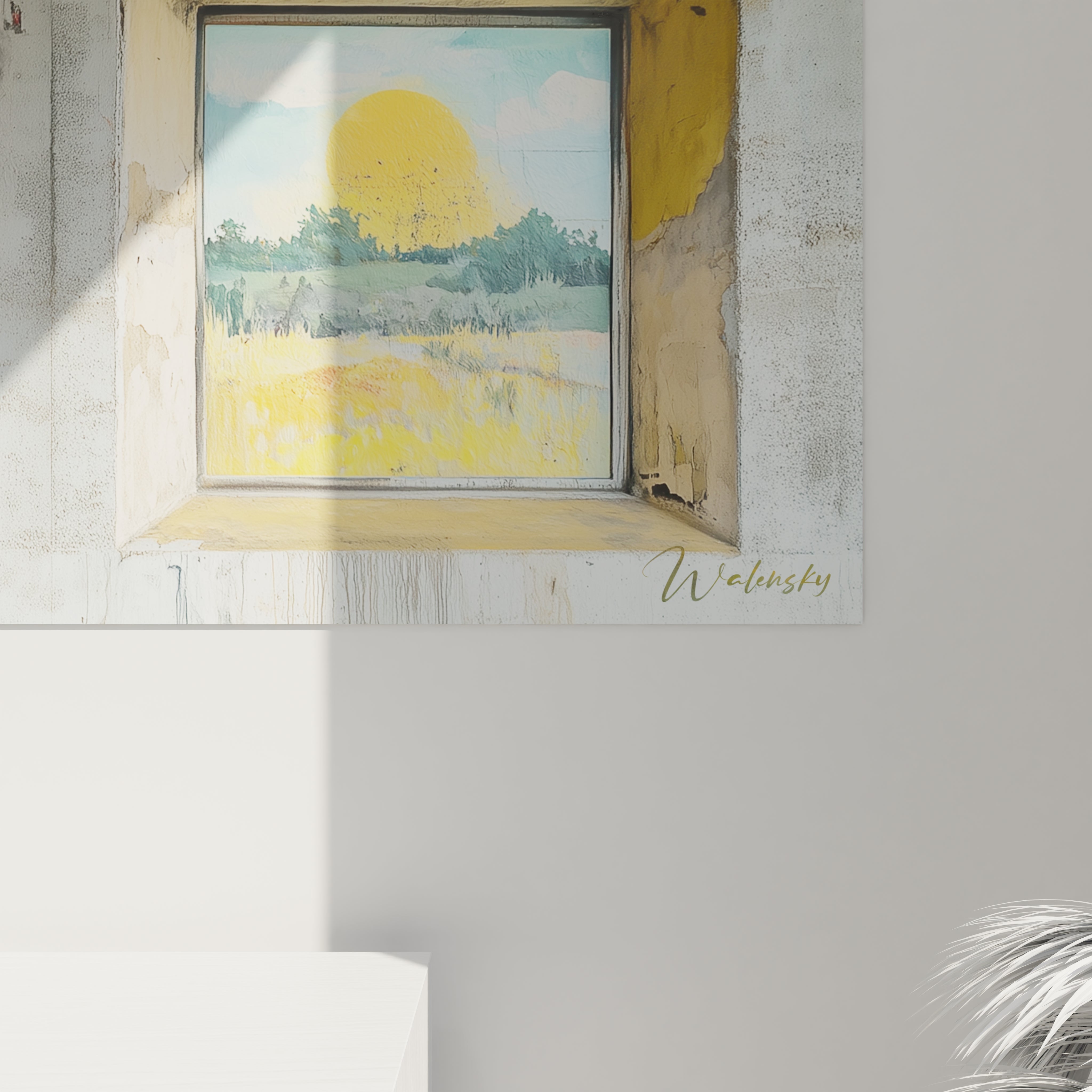 Tableau tryptique séquentiel avec trois fenêtres sur la campagne, présentant des cadres texturés jaune pâle et gris, et des scènes pastorales progressant du matin au soir, avec un soleil lumineux dans le dernier panneau et des teintes douces de bleu ciel.
