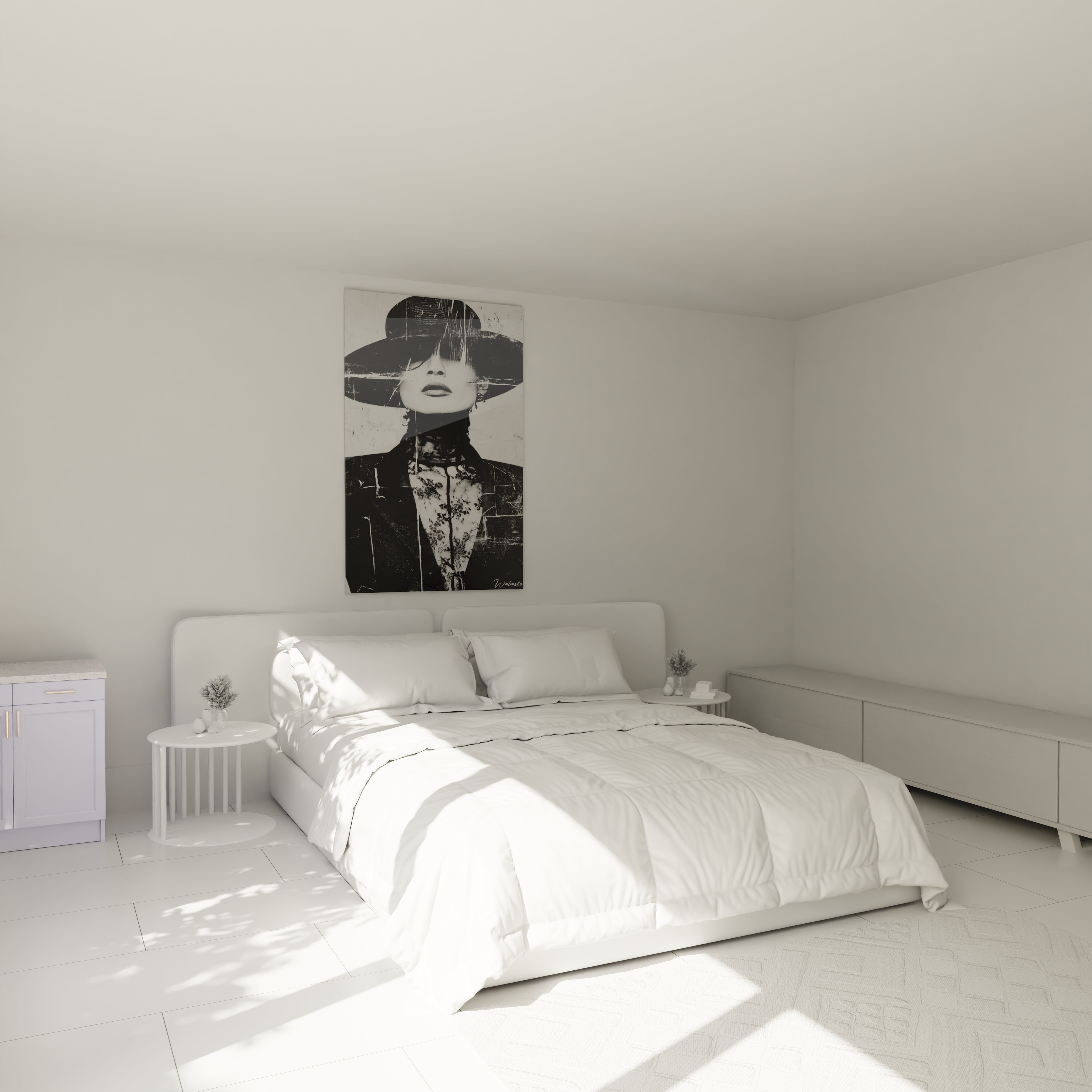 Tableau mural portrait artistique noir et blanc mettant en valeur une femme élégante dans une chambre moderne