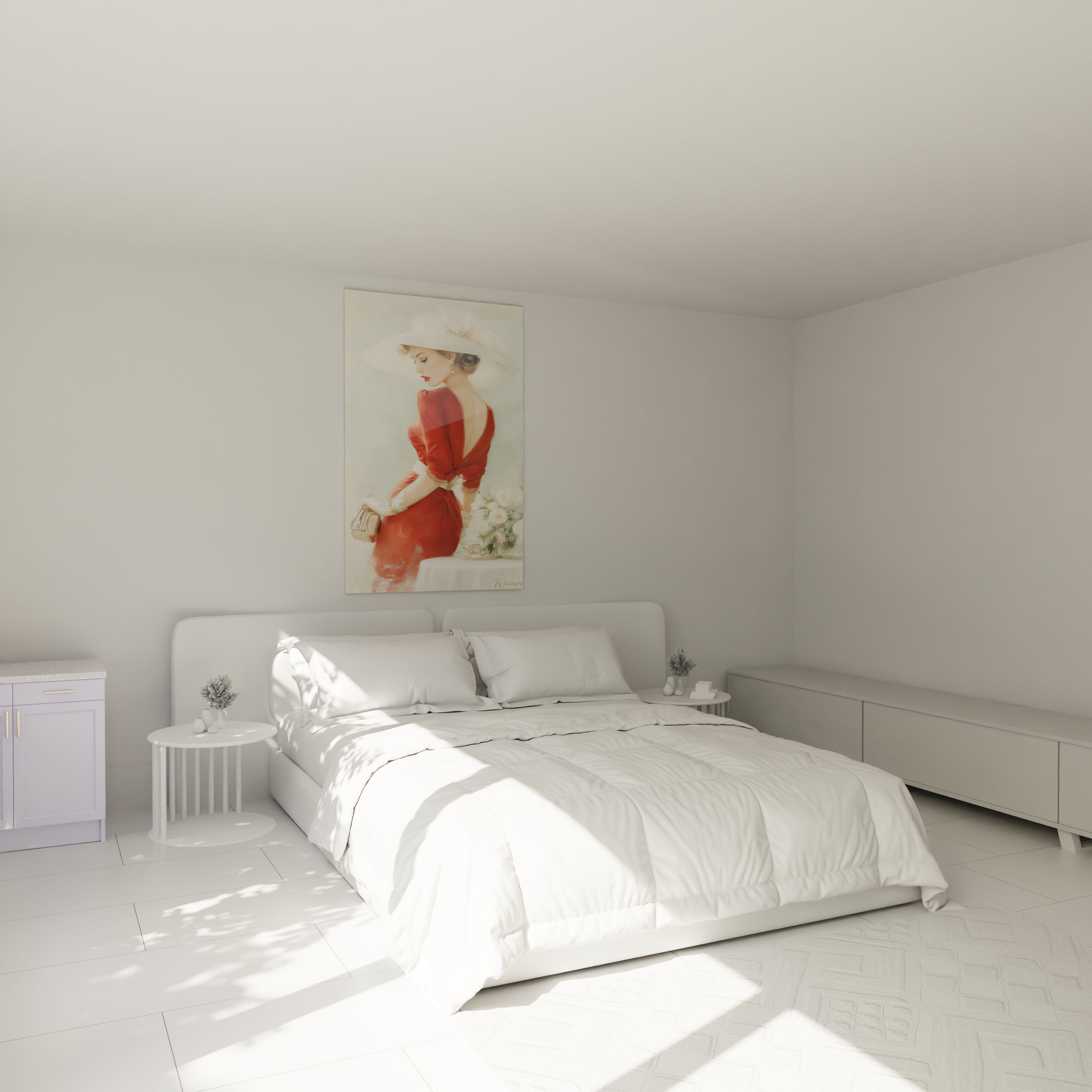 Tableau femme élégante vintage de Walensky sur un mur dans une chambre lumineuse et moderne
