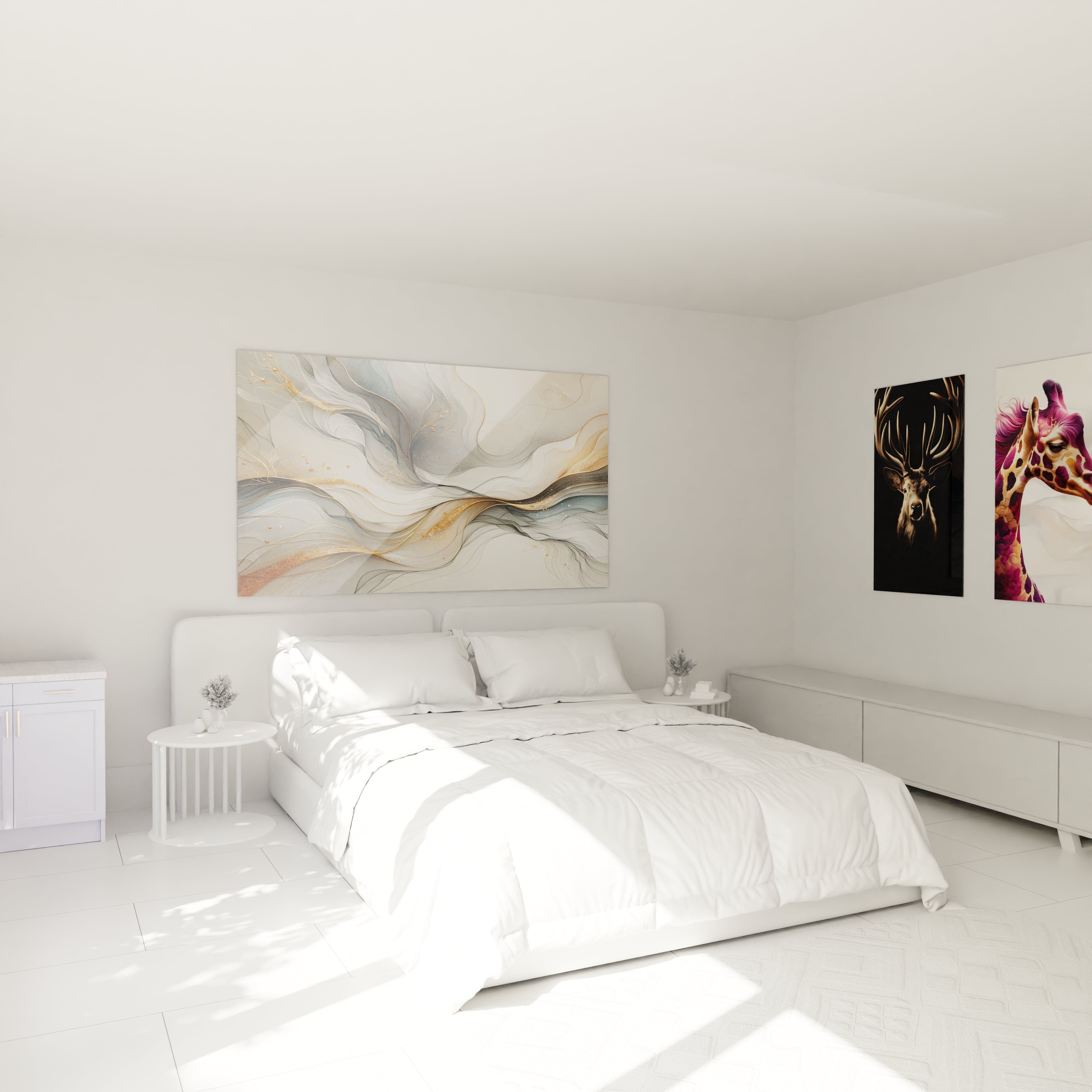 tableau abstrait coloré accroché au mur dans une chambre au dessus du lit apportant une atmosphère apaisante tons beige gris et touches dorées pour une ambiance relaxante et sereine ideal pour un espace de repos

