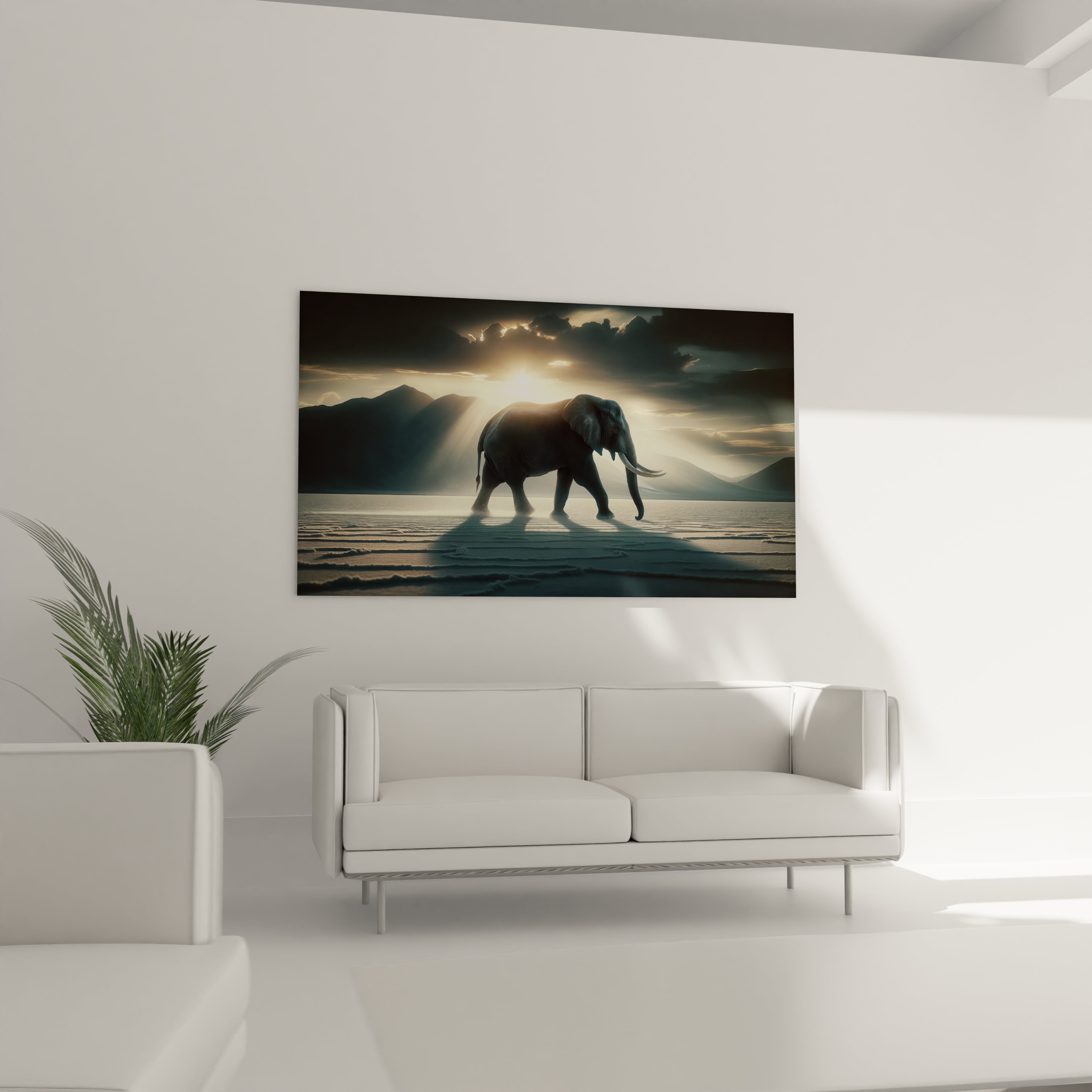 "Image acrylique d'éléphant solitaire, nuances chaudes et reflets lumineux, verre de haute qualité."