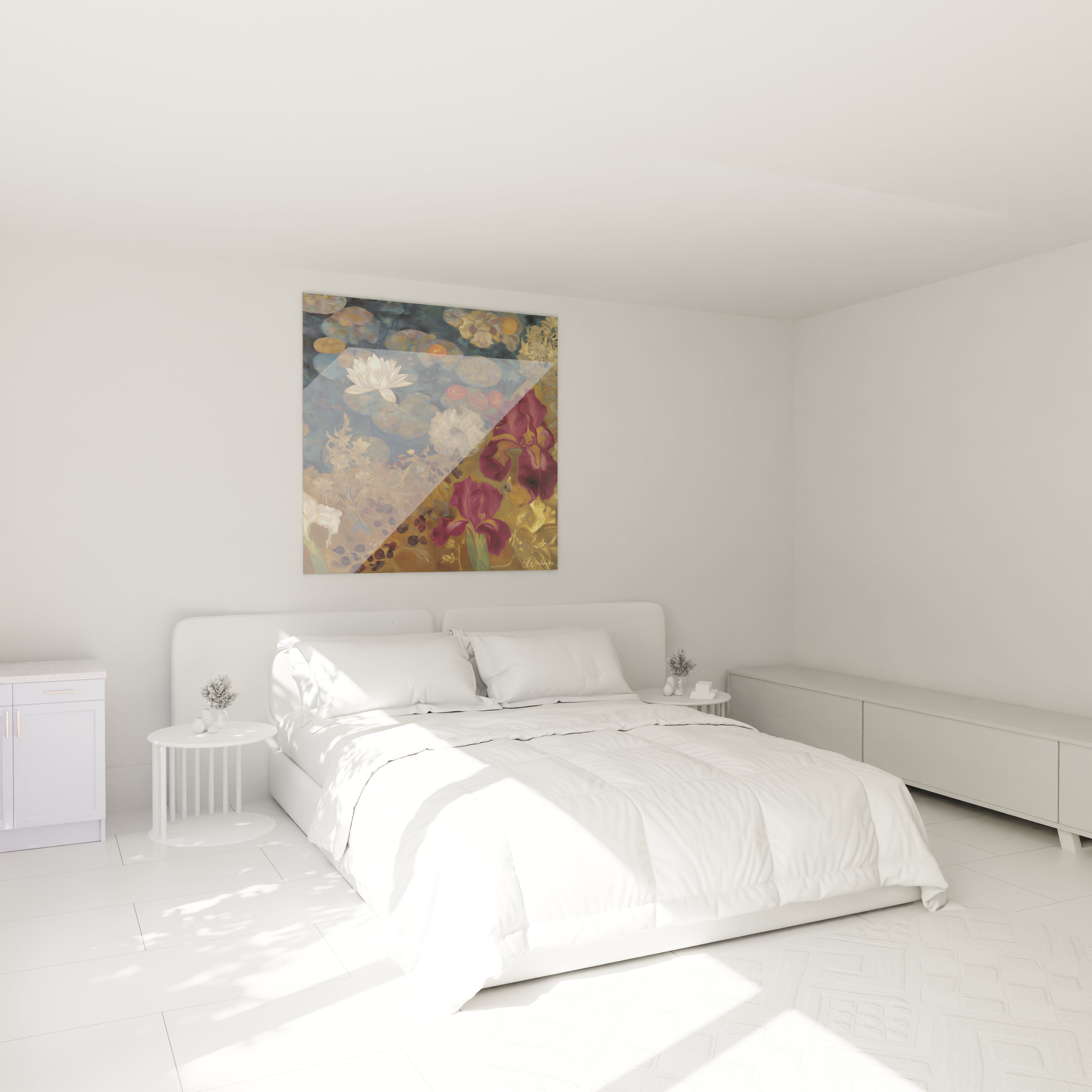 Chambre minimaliste avec lit blanc et tableau symboliste bassin floral carre Walensky accroche au mur