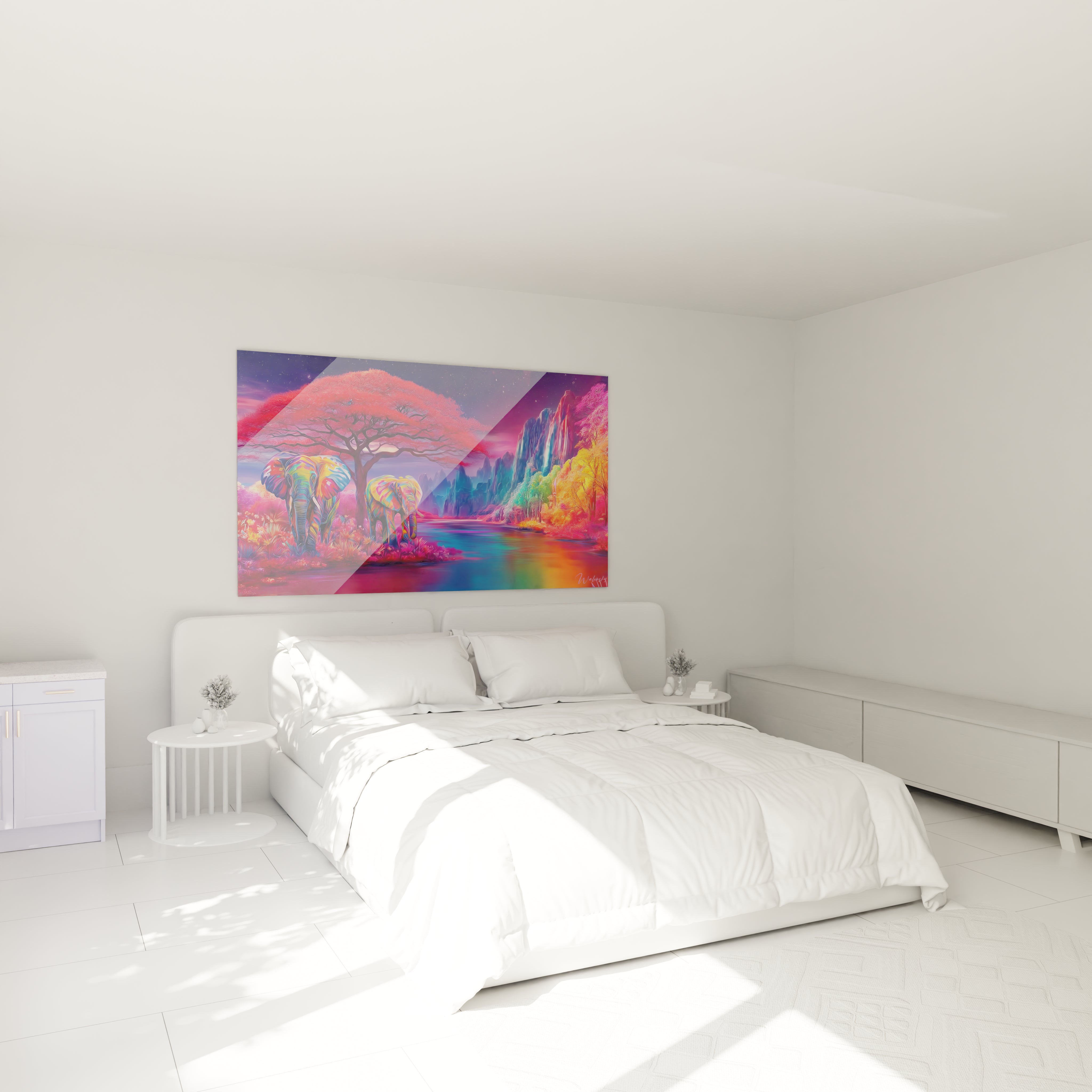 Tableau éléphants colorés savane sur mur blanc dans une chambre moderne lumineuse