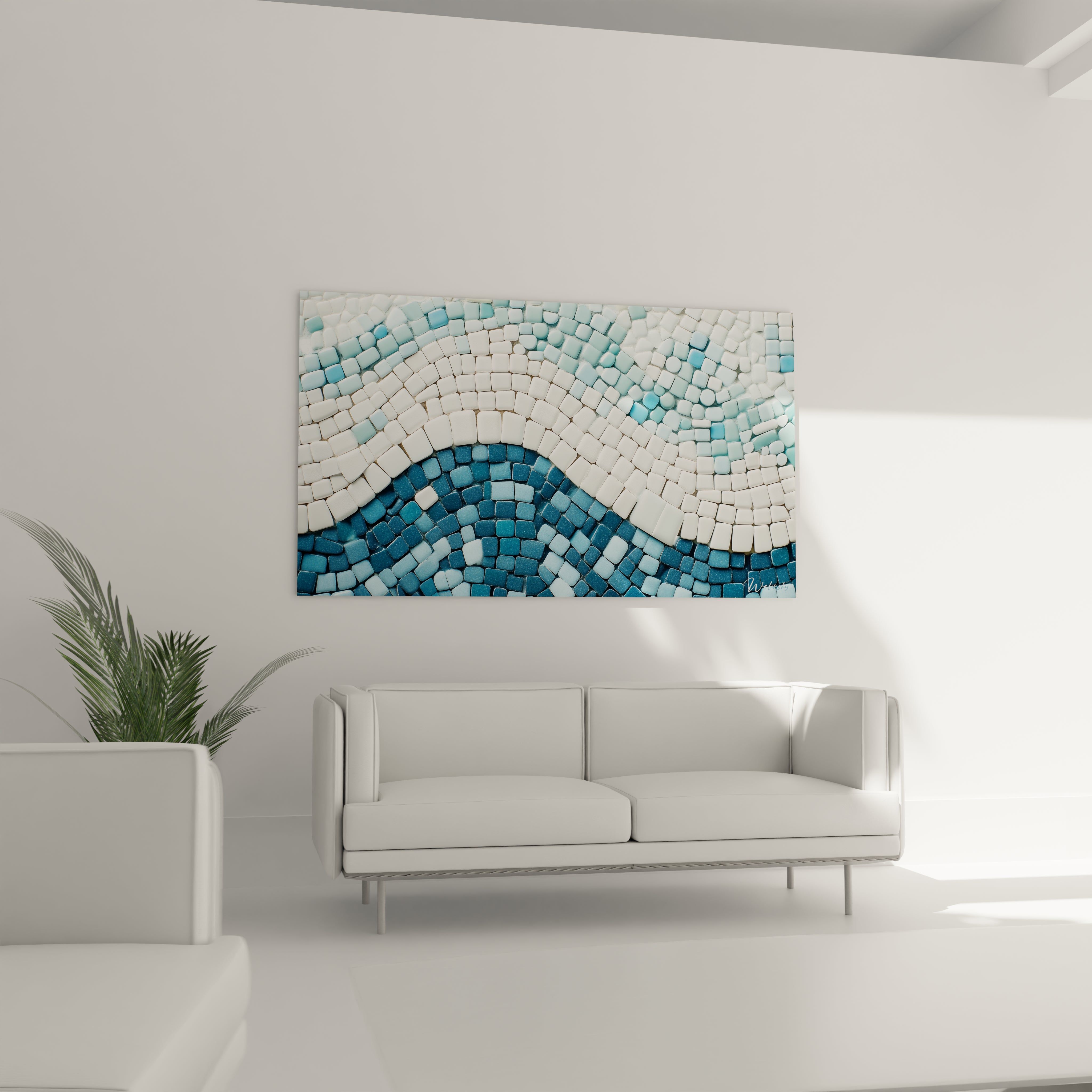 Un tableau mosaïque maritime aux transitions fluides entre bleu turquoise profond et blanc nacré, où les milliers de tesselles géométriques s'assemblent pour former des courbes sinueuses rappelant le mouvement des vagues, avec une surface texturée réfléchissante.
