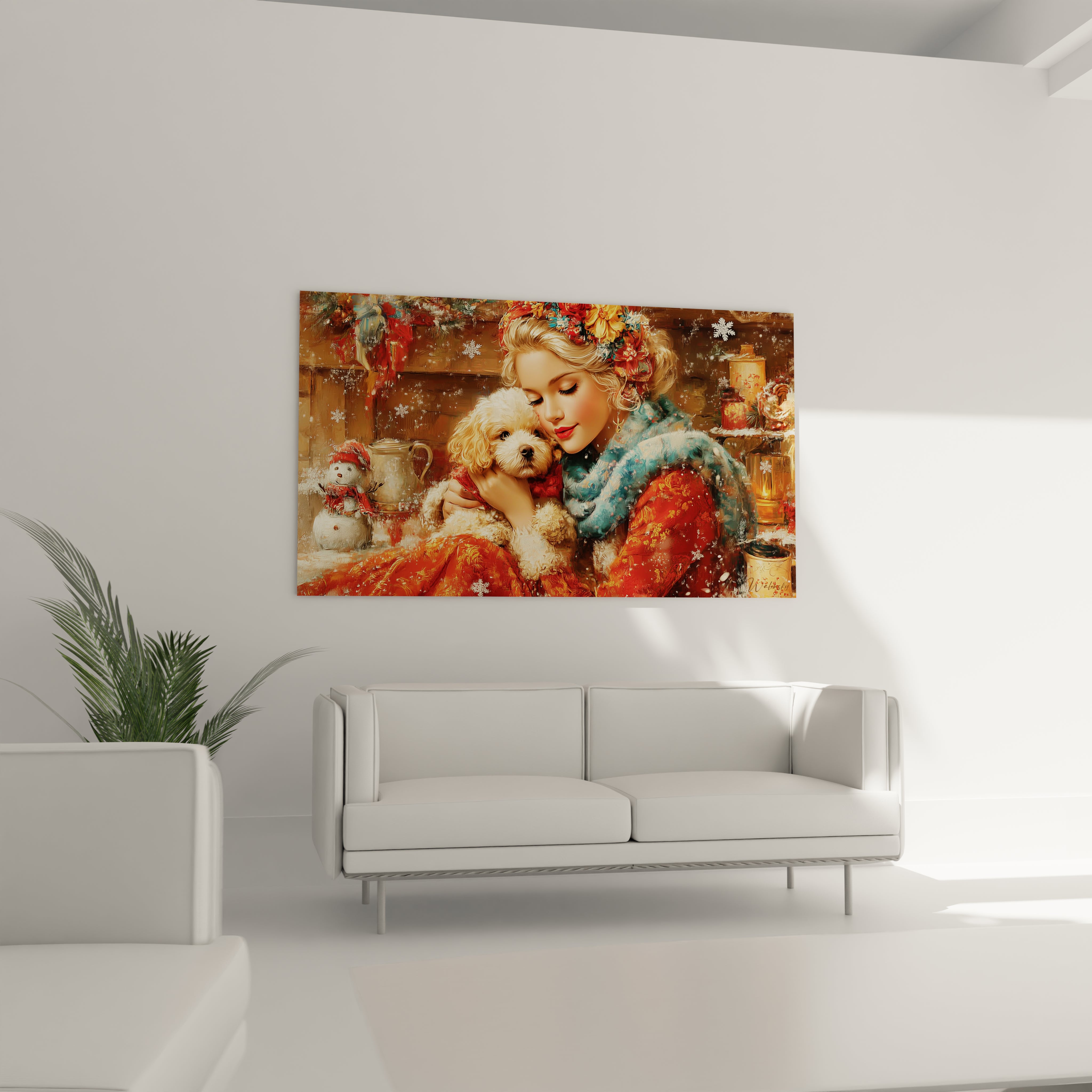 Tableau art mural femme chien Noël avec une femme tenant un chiot dans un décor festif