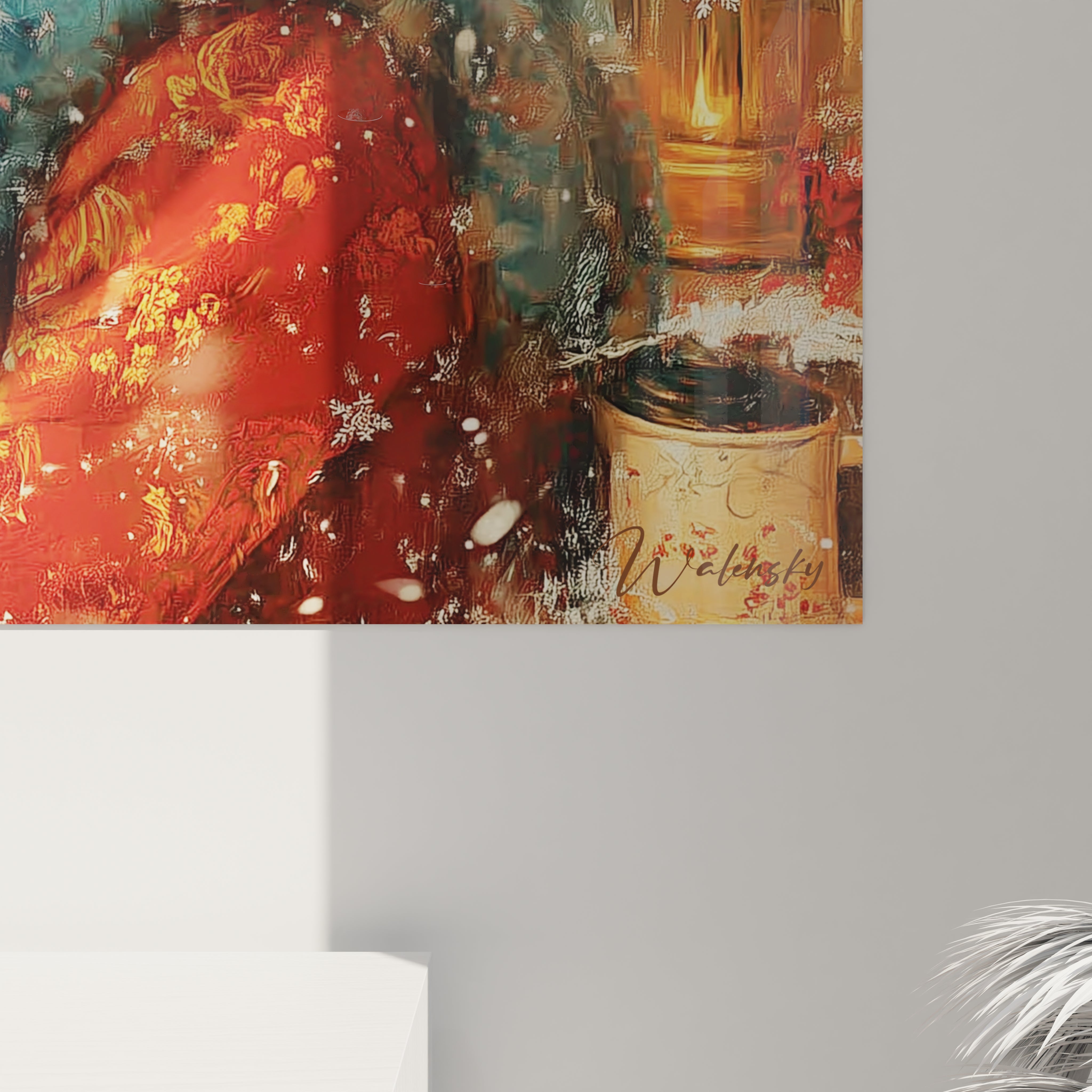 Tableau art mural femme chien Noël avec des détails festifs et des couleurs vives par Walensky