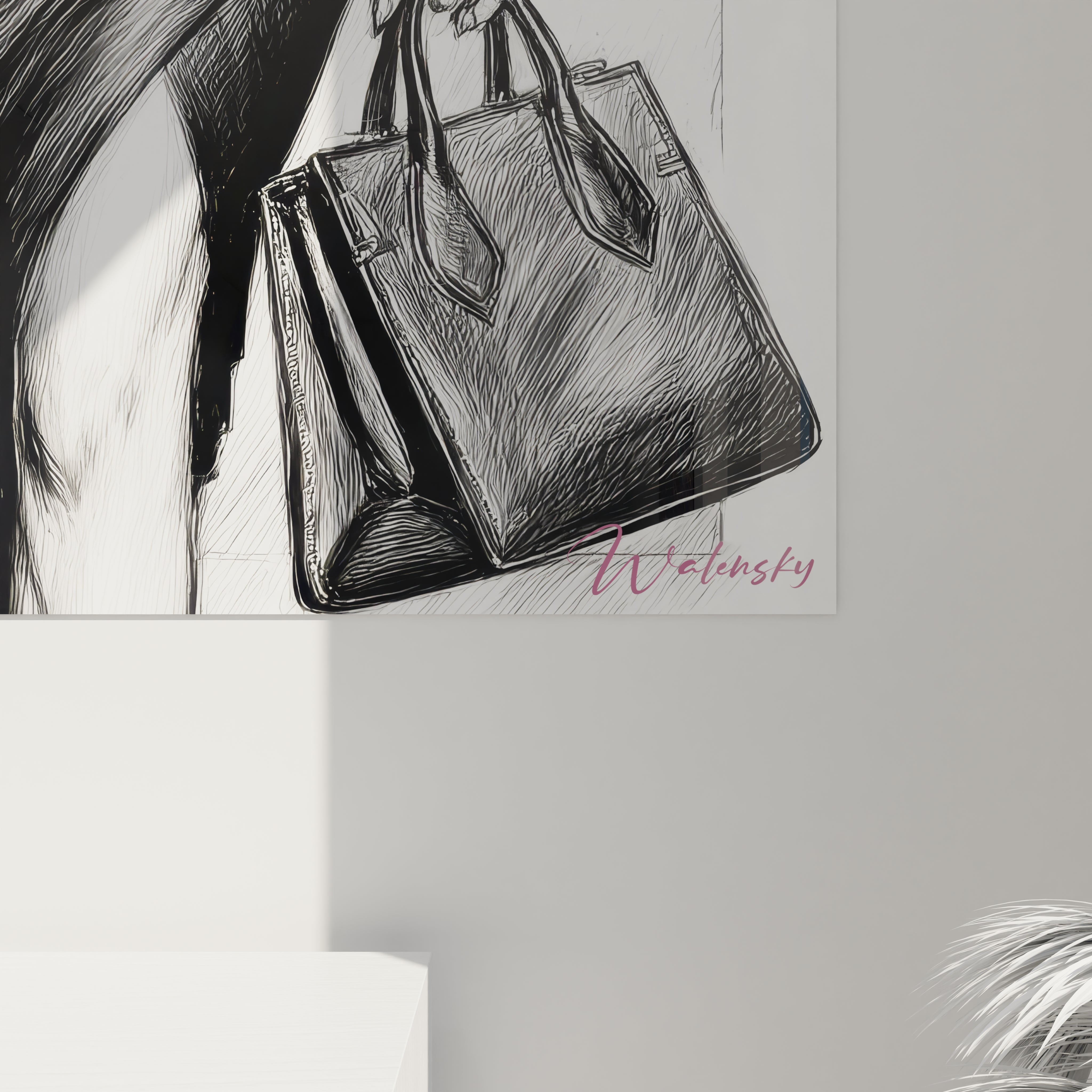 Tableau femme élégante chapeau avec un sac à main noir en toile moderne