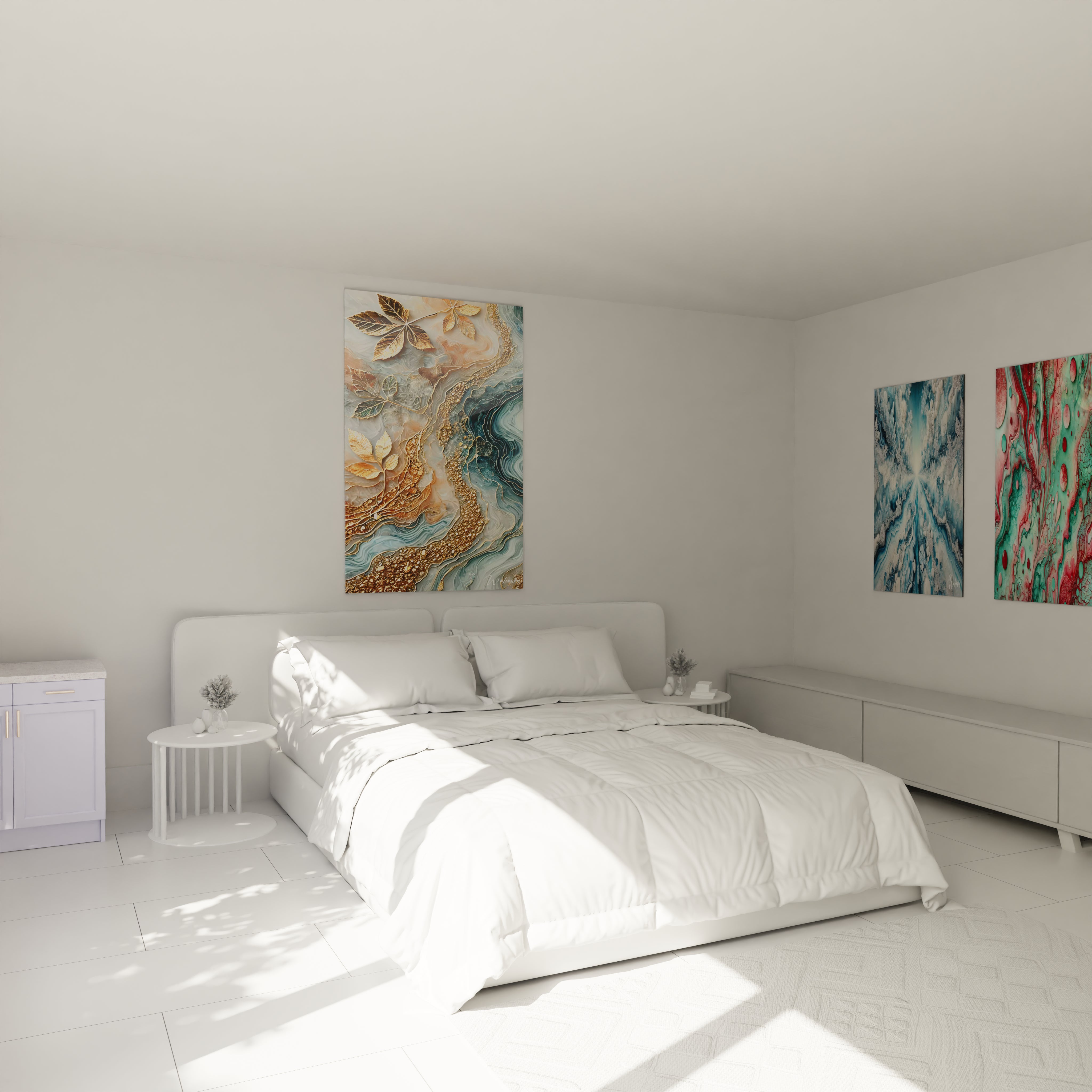 Tableau géant en verre acrylique époxy au-dessus d'un lit dans une chambre moderne - Art mural élégant pour chambre à coucher, décoration d'intérieur avec peinture époxy lumineuse et transparente, design contemporain