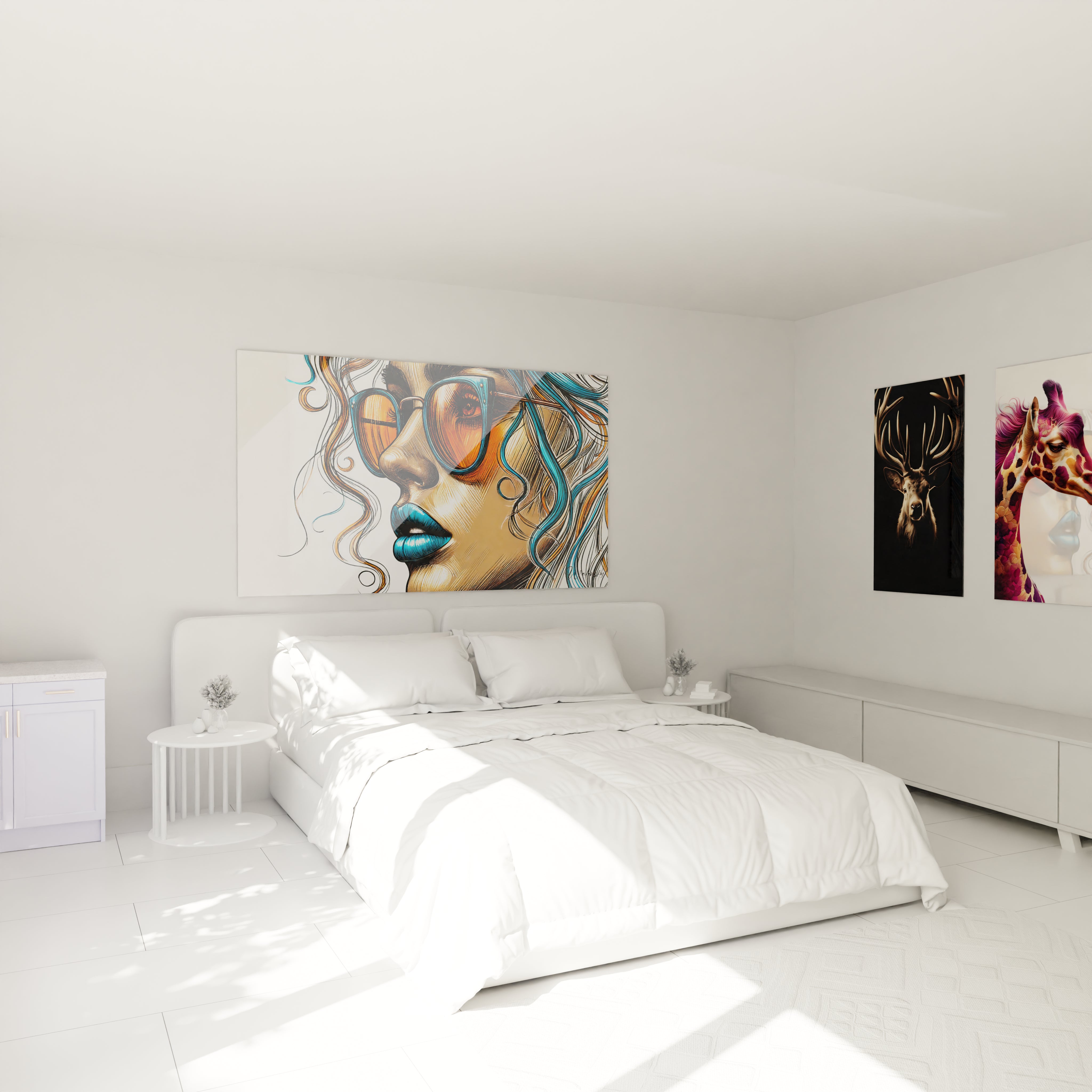 "Chambre élégante avec tableau en verre acrylique Pop Art / Rétro au-dessus du lit, ajoutant une touche artistique moderne. Décoration murale design pour chambre à coucher."