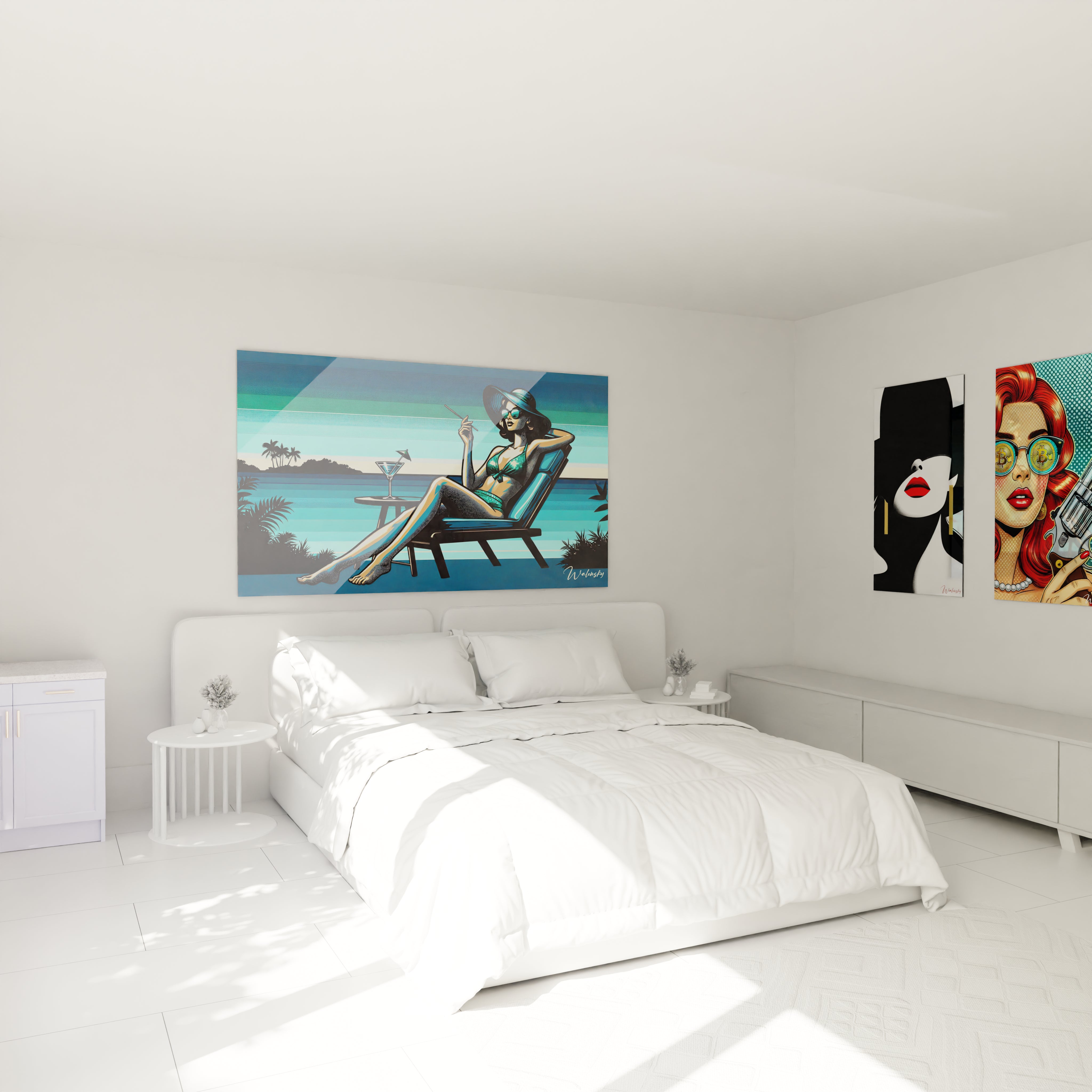 "Chambre élégante avec tableau en verre acrylique Pop Art / Rétro au-dessus du lit, ajoutant une touche artistique moderne. Décoration murale design pour chambre à coucher."