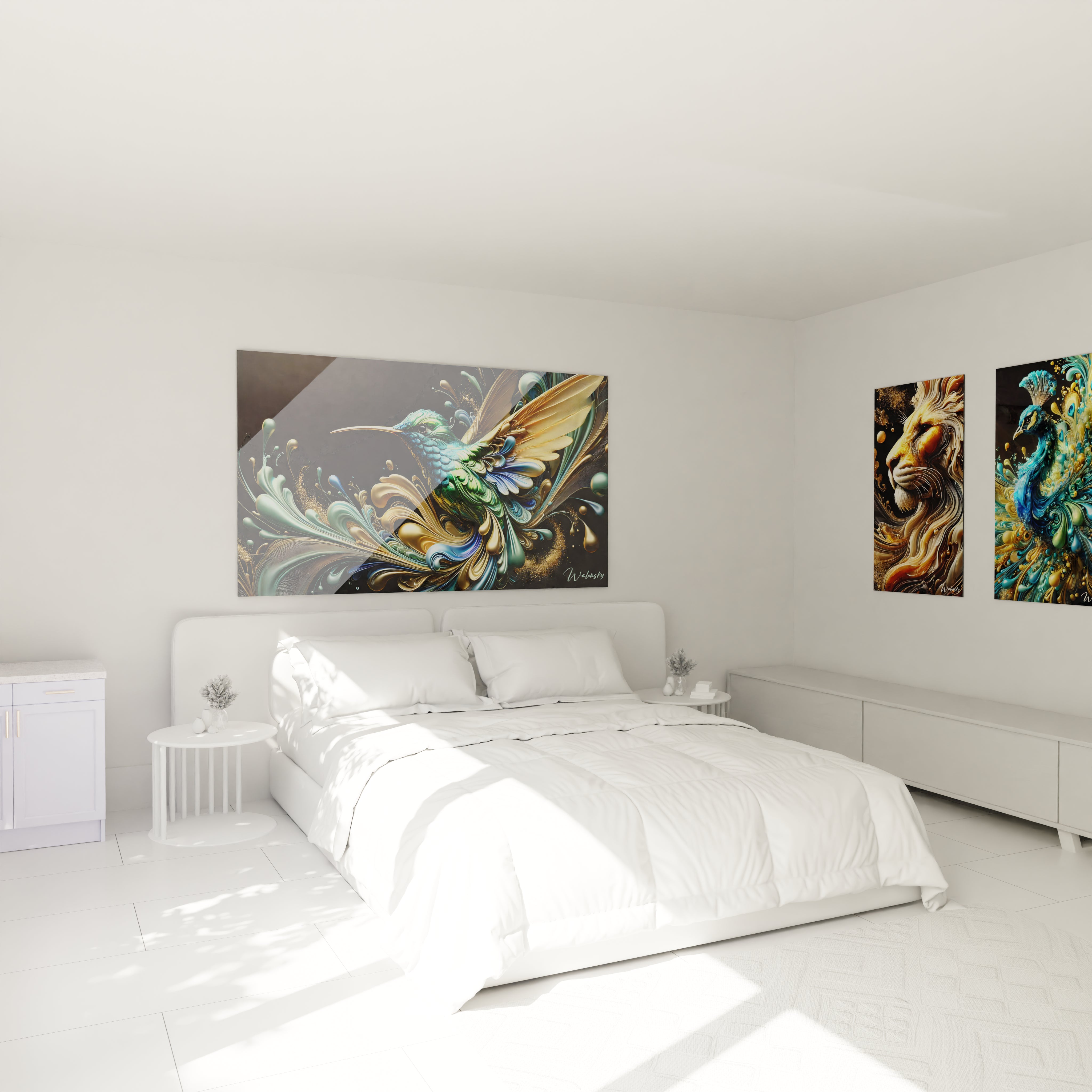 Tableau Essence Sauvage en verre acrylique au-dessus d'un lit dans une chambre - Décoration murale imposante et élégante - Art mural naturel pour chambre - Ambiance relaxante avec tableau de grande taille - Décoration intérieure de haute qualité pour chambre à coucher