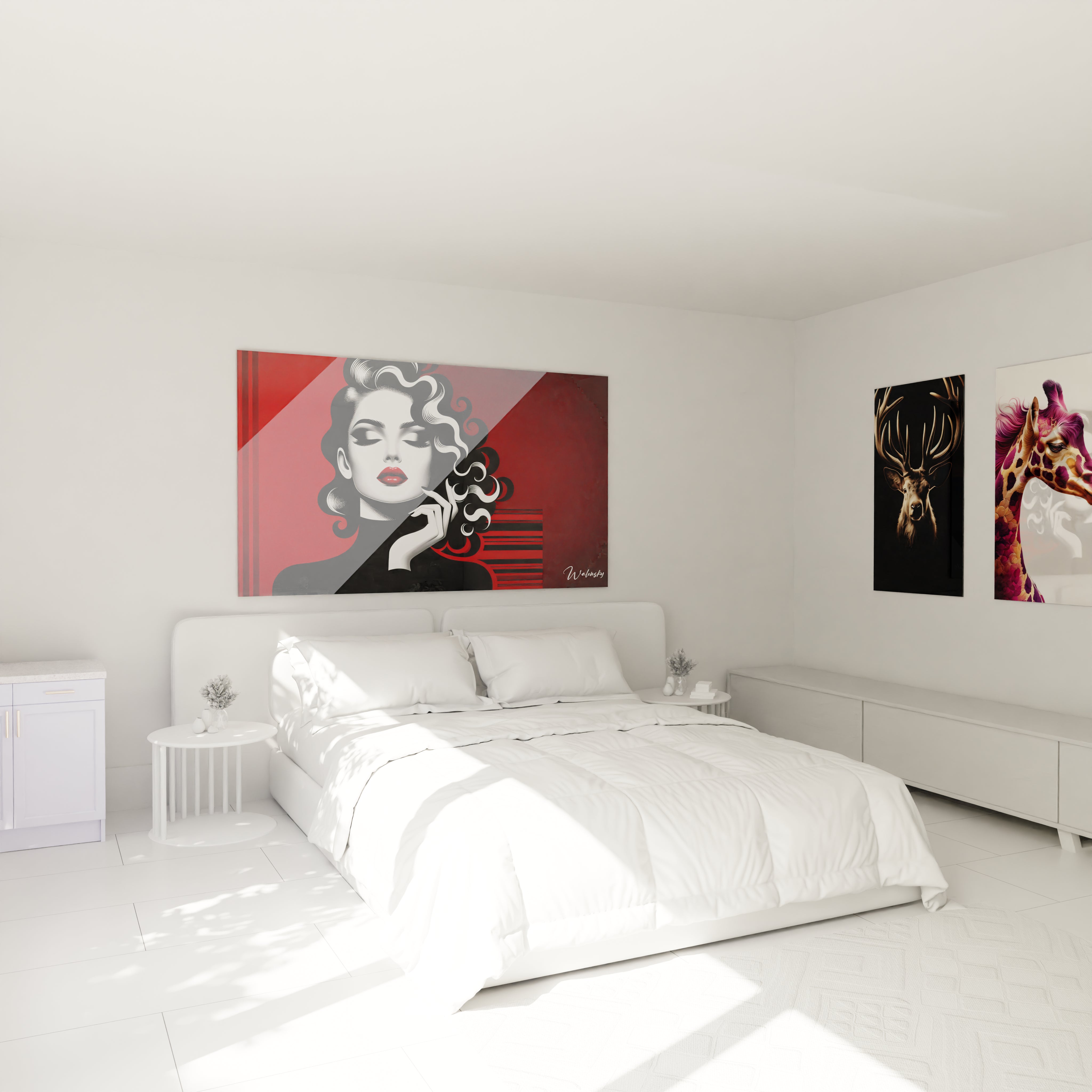 "Chambre élégante avec tableau en verre acrylique Pop Art / Rétro au-dessus du lit, ajoutant une touche artistique moderne. Décoration murale design pour chambre à coucher."