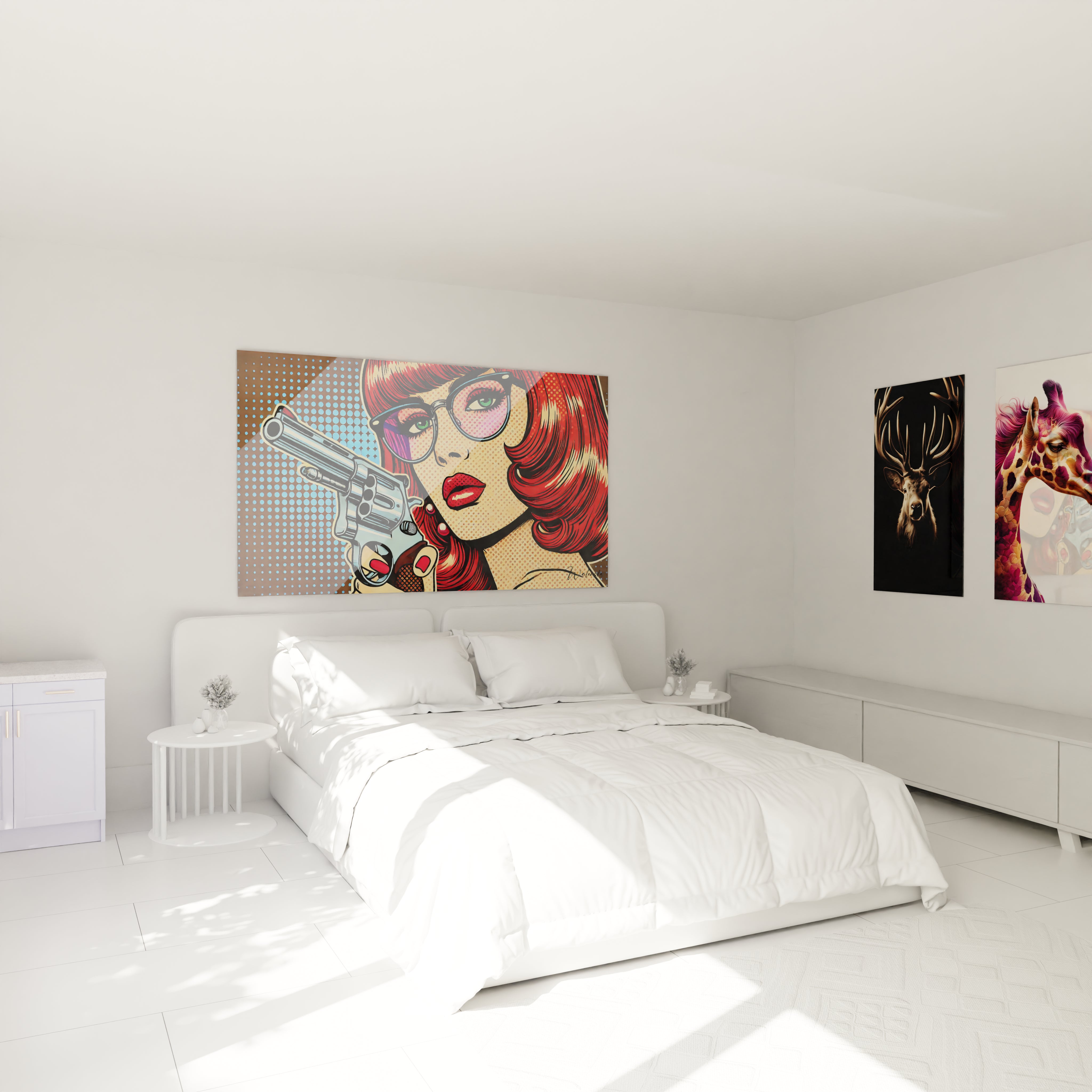 "Chambre élégante avec tableau en verre acrylique Pop Art / Rétro au-dessus du lit, ajoutant une touche artistique moderne. Décoration murale design pour chambre à coucher."