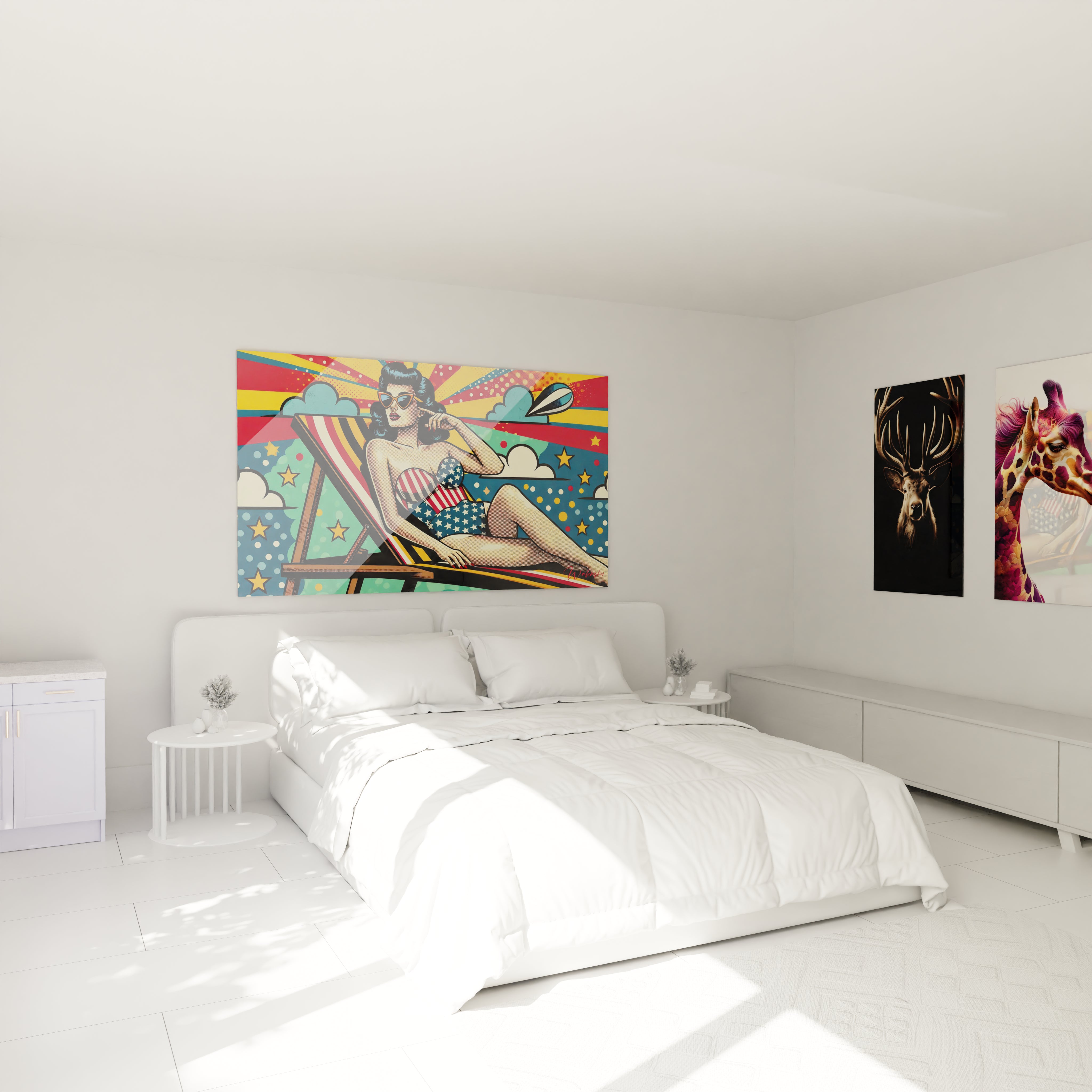 "Chambre élégante avec tableau en verre acrylique Pop Art / Rétro au-dessus du lit, ajoutant une touche artistique moderne. Décoration murale design pour chambre à coucher."