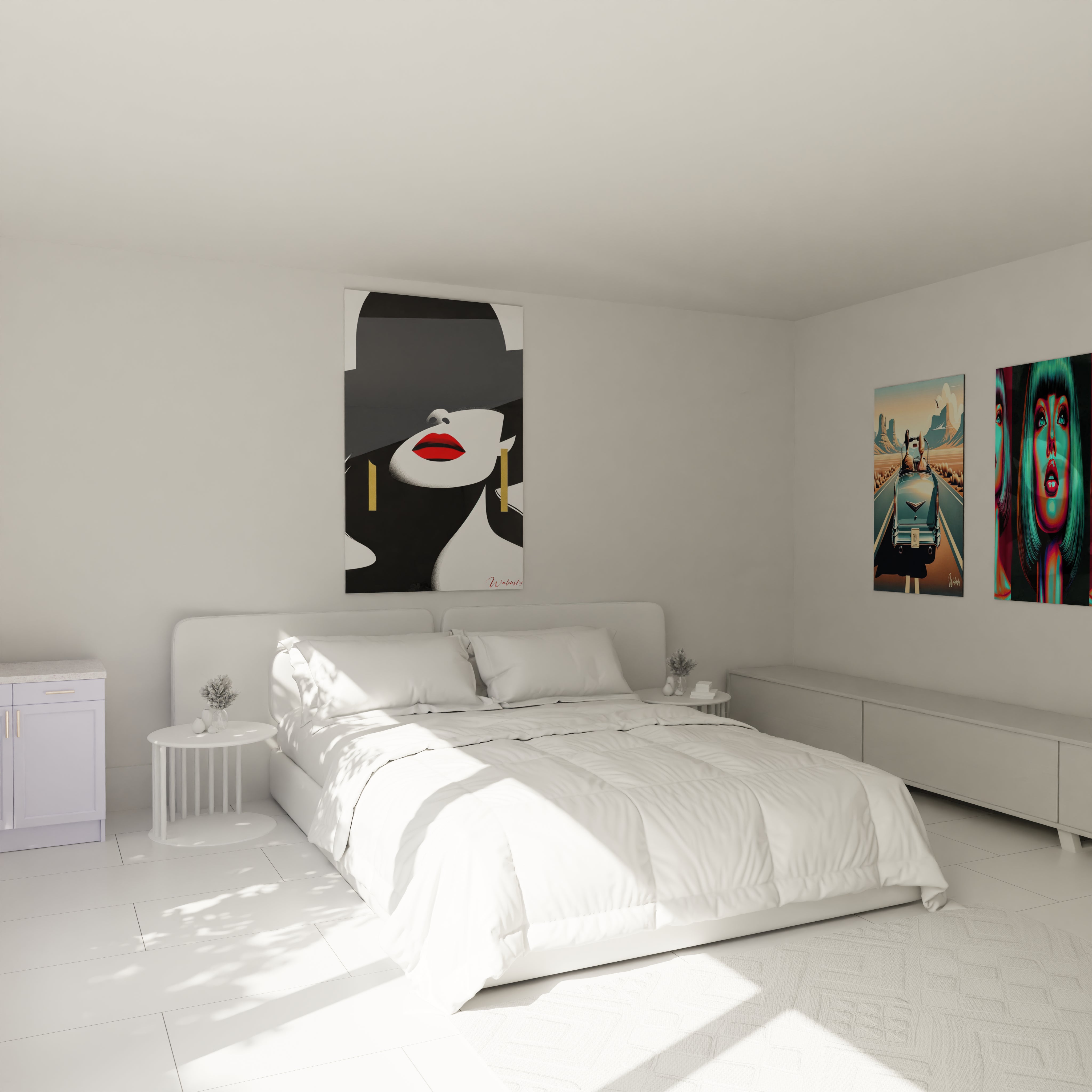 "Chambre élégante avec tableau en verre acrylique Pop Art / Rétro au-dessus du lit, ajoutant une touche artistique moderne. Décoration murale design pour chambre à coucher."