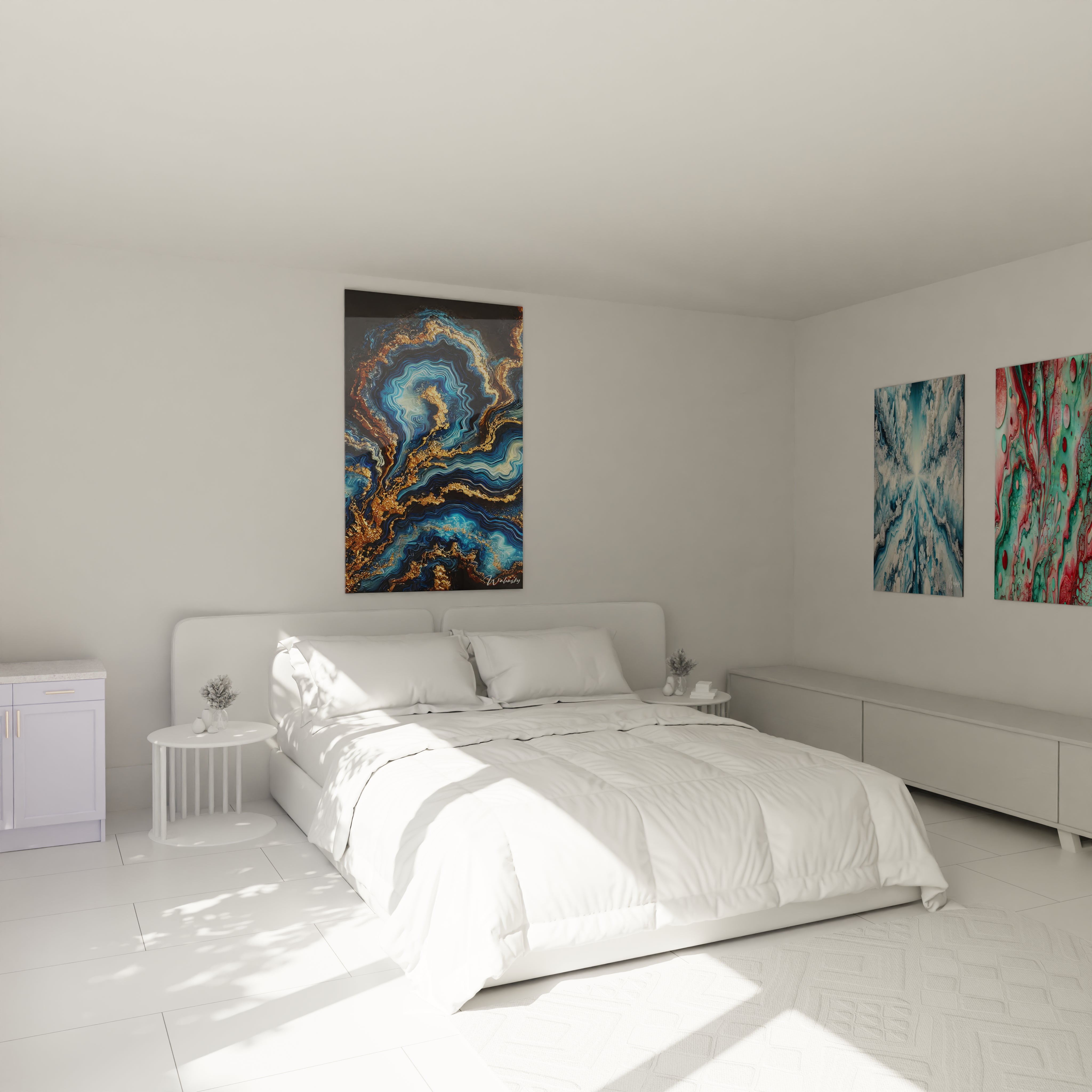 Tableau géant en verre acrylique époxy au-dessus d'un lit dans une chambre moderne - Art mural élégant pour chambre à coucher, décoration d'intérieur avec peinture époxy lumineuse et transparente, design contemporain