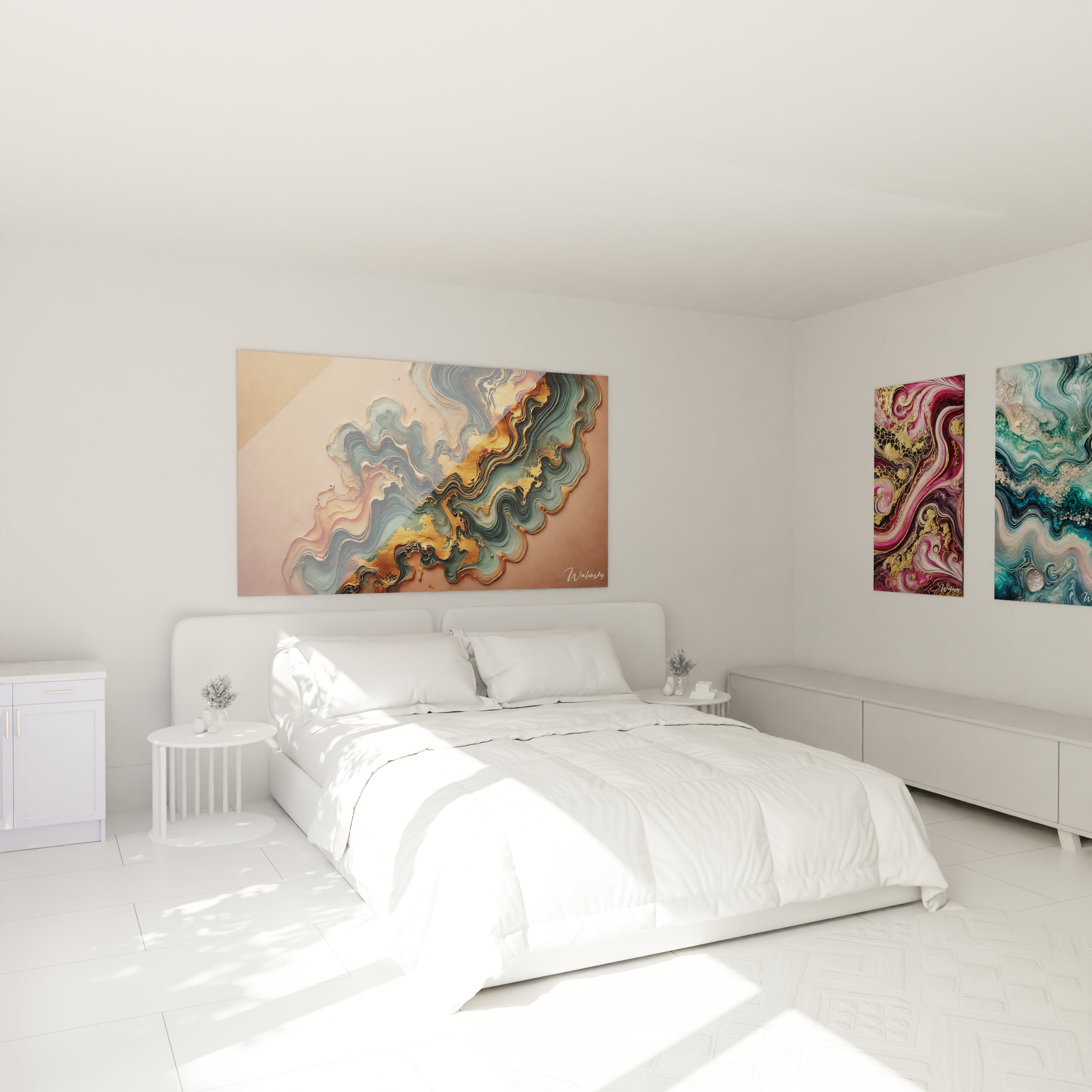 Tableau géant en verre acrylique époxy au-dessus d'un lit dans une chambre moderne - Art mural élégant pour chambre à coucher, décoration d'intérieur avec peinture époxy lumineuse et transparente, design contemporain