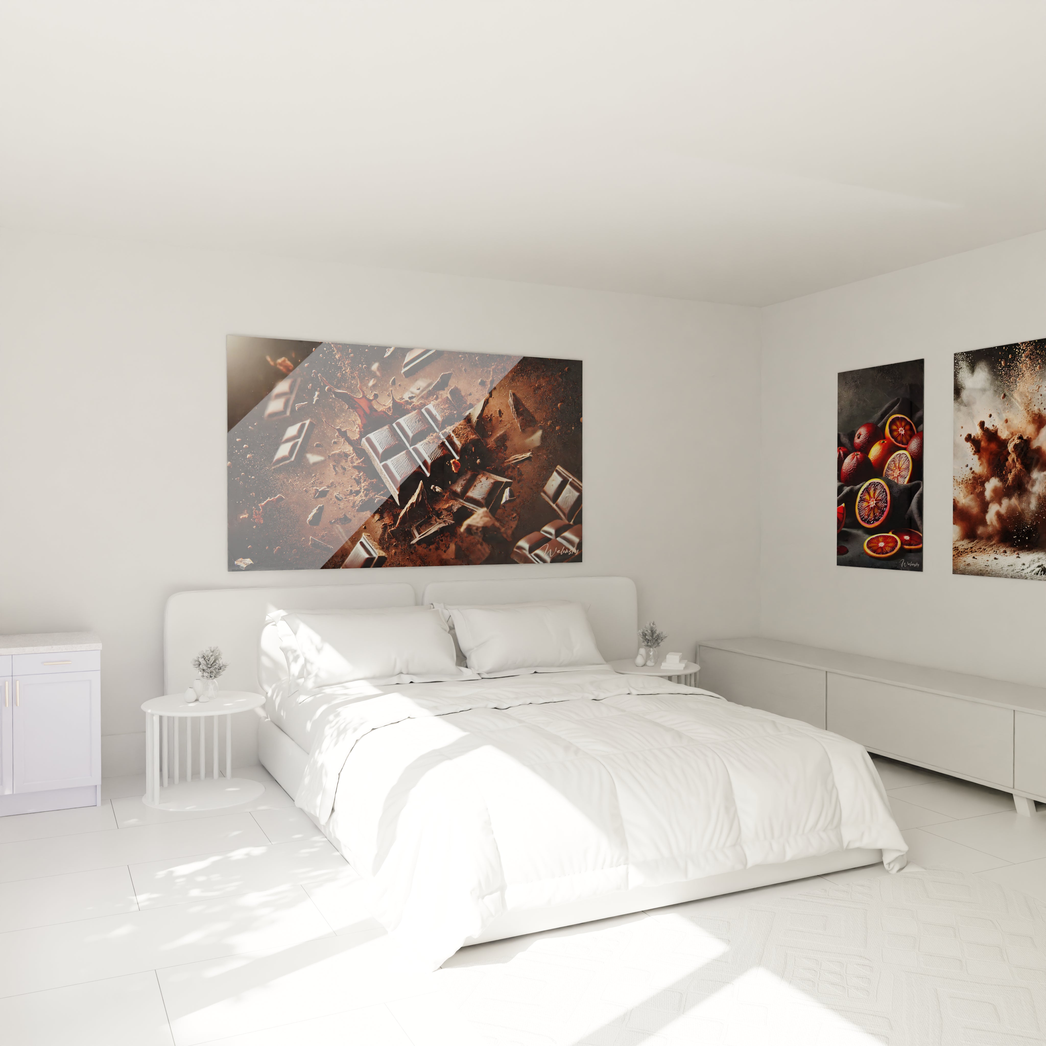 Tableau cuisine en verre acrylique au-dessus d'un lit dans une chambre - Décoration murale géante et élégante - Art mural moderne pour chambre - Ambiance sophistiquée avec tableau de grande taille - Décoration intérieure de qualité pour chambre à coucher