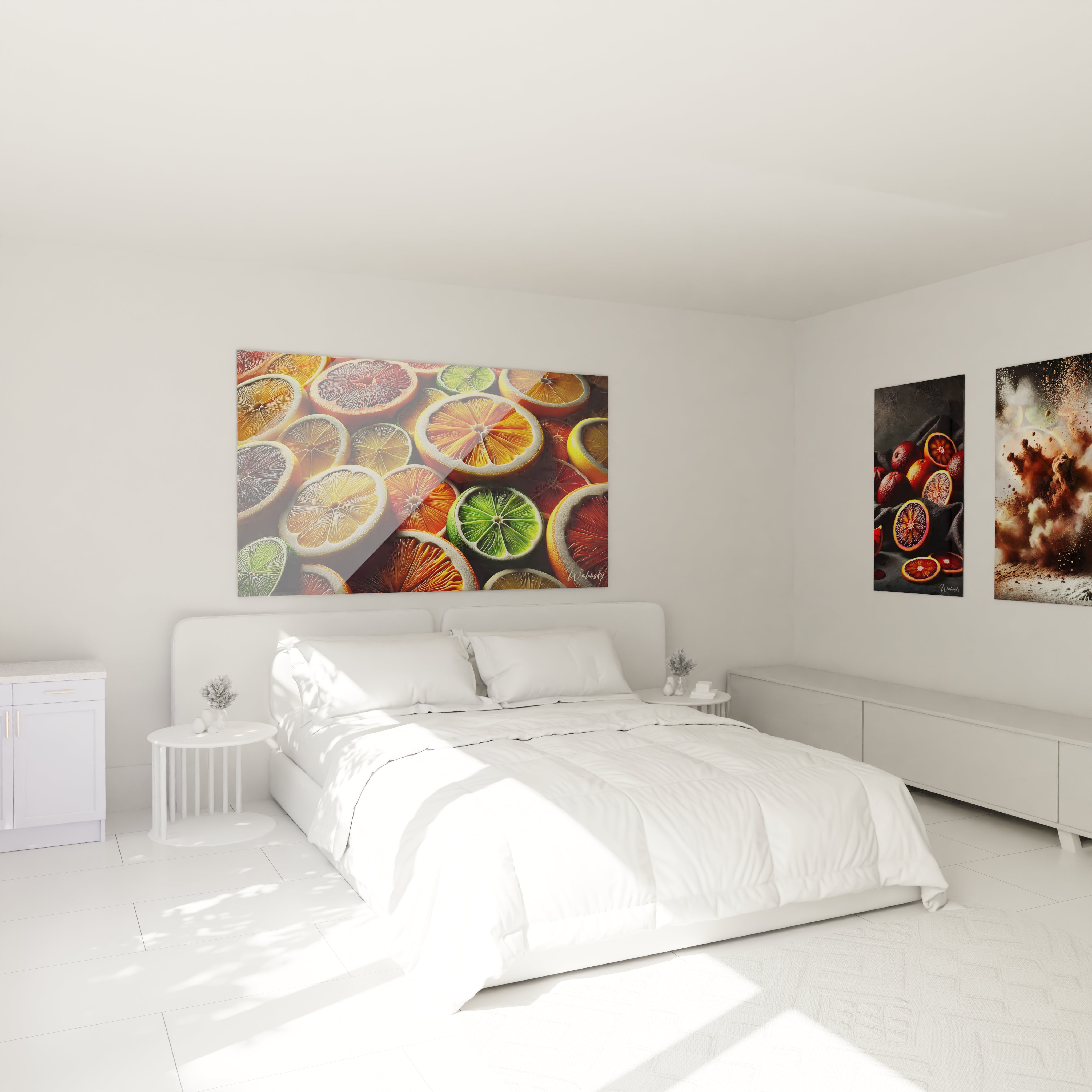 Tableau cuisine en verre acrylique au-dessus d'un lit dans une chambre - Décoration murale géante et élégante - Art mural moderne pour chambre - Ambiance sophistiquée avec tableau de grande taille - Décoration intérieure de qualité pour chambre à coucher