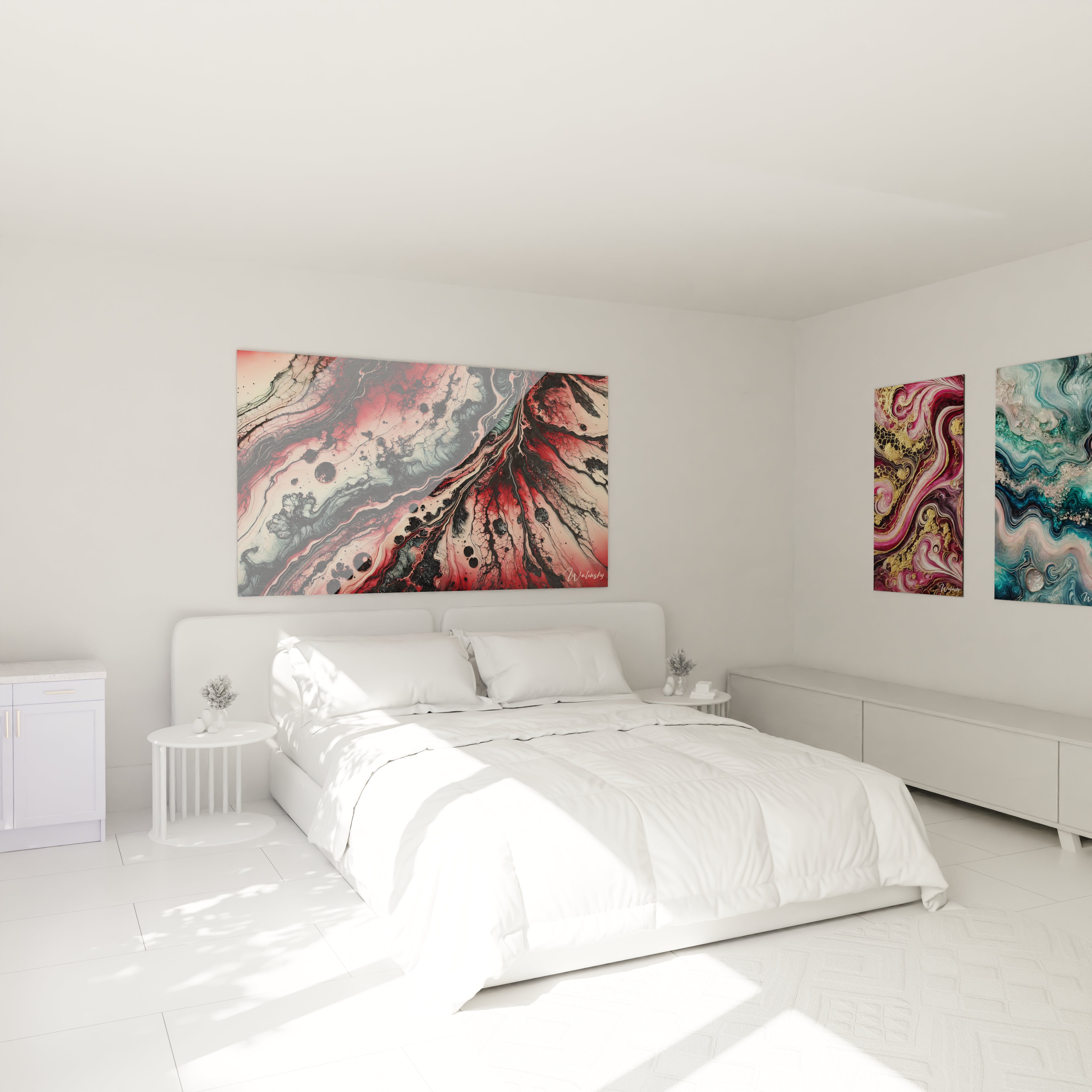 Tableau géant en verre acrylique époxy au-dessus d'un lit dans une chambre moderne - Art mural élégant pour chambre à coucher, décoration d'intérieur avec peinture époxy lumineuse et transparente, design contemporain