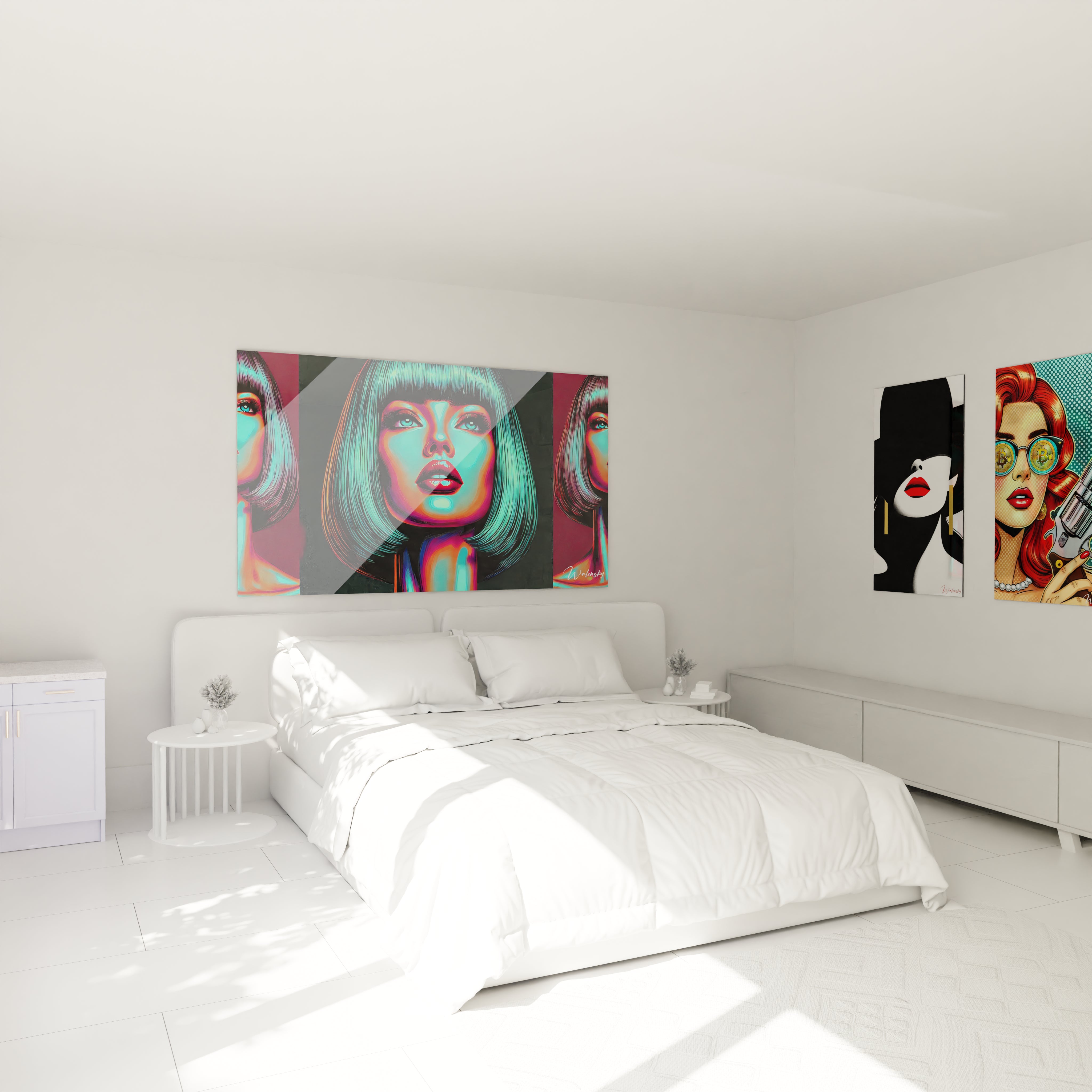 "Chambre élégante avec tableau en verre acrylique Pop Art / Rétro au-dessus du lit, ajoutant une touche artistique moderne. Décoration murale design pour chambre à coucher."