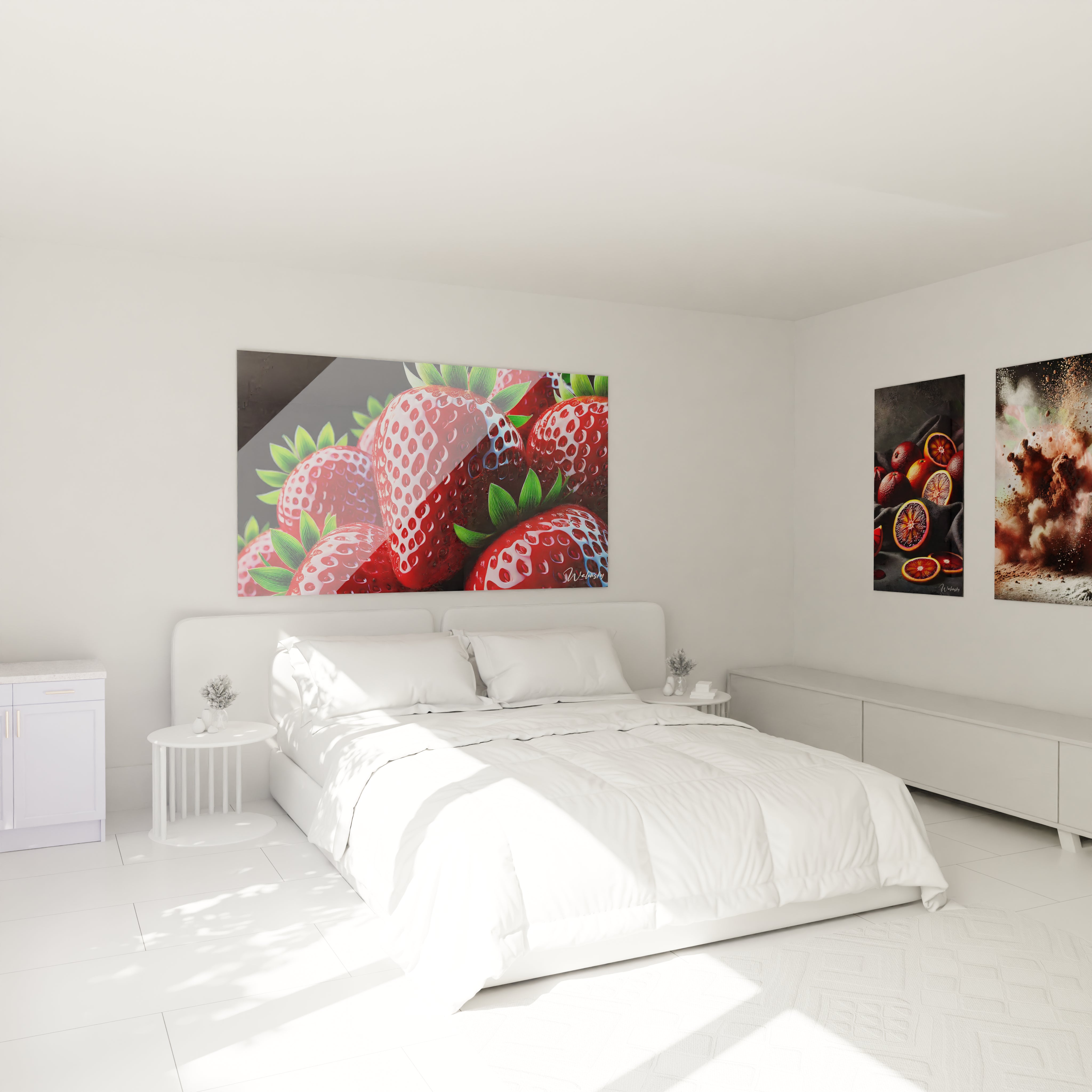 Tableau cuisine en verre acrylique au-dessus d'un lit dans une chambre - Décoration murale géante et élégante - Art mural moderne pour chambre - Ambiance sophistiquée avec tableau de grande taille - Décoration intérieure de qualité pour chambre à coucher