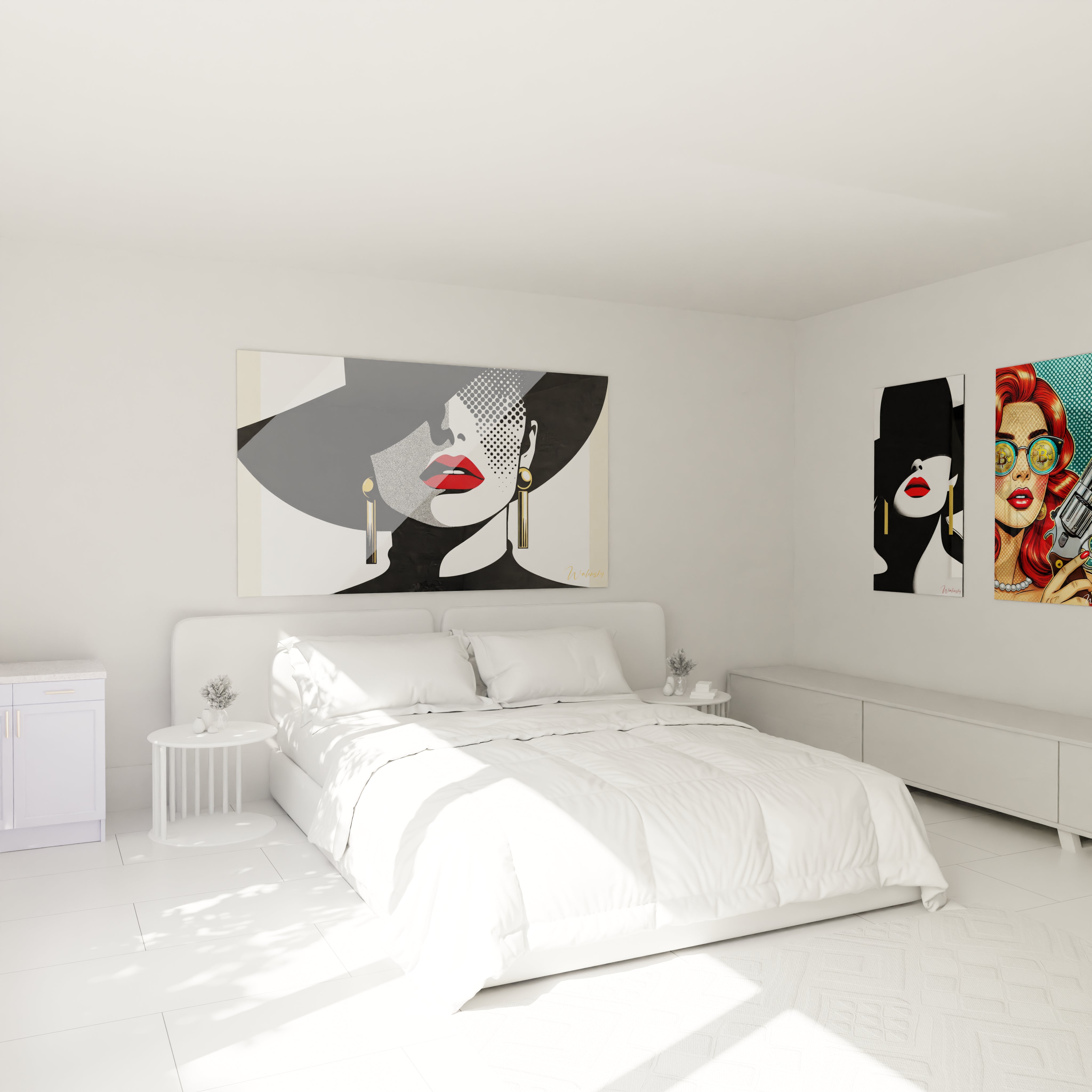 "Chambre élégante avec tableau en verre acrylique Pop Art / Rétro au-dessus du lit, ajoutant une touche artistique moderne. Décoration murale design pour chambre à coucher."